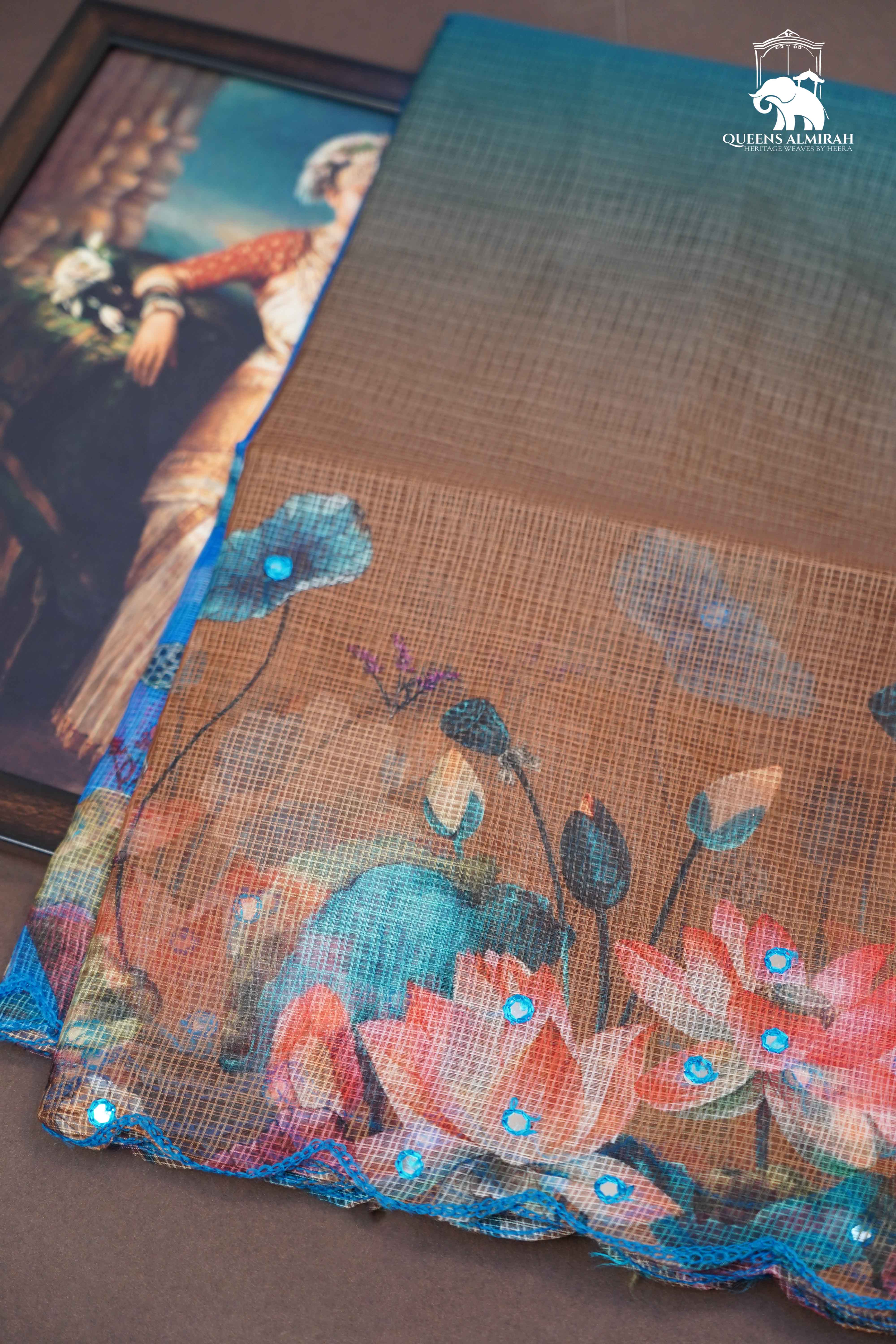 PALE BROWN WITH LIGHT NAVY BLUE KOTA COTTON SAREE - Queens Jewel Emporium