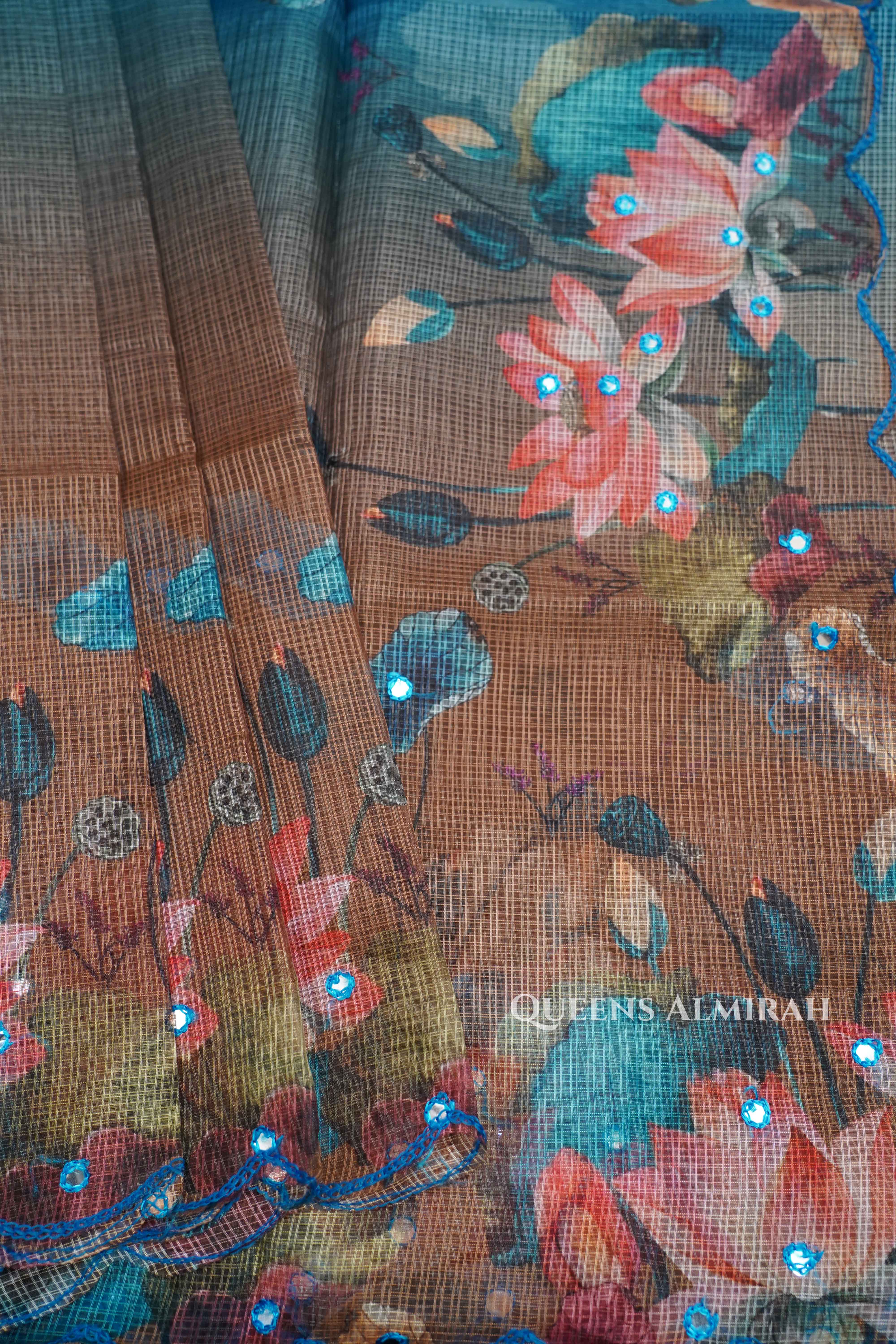 PALE BROWN WITH LIGHT NAVY BLUE KOTA COTTON SAREE - Queens Jewel Emporium