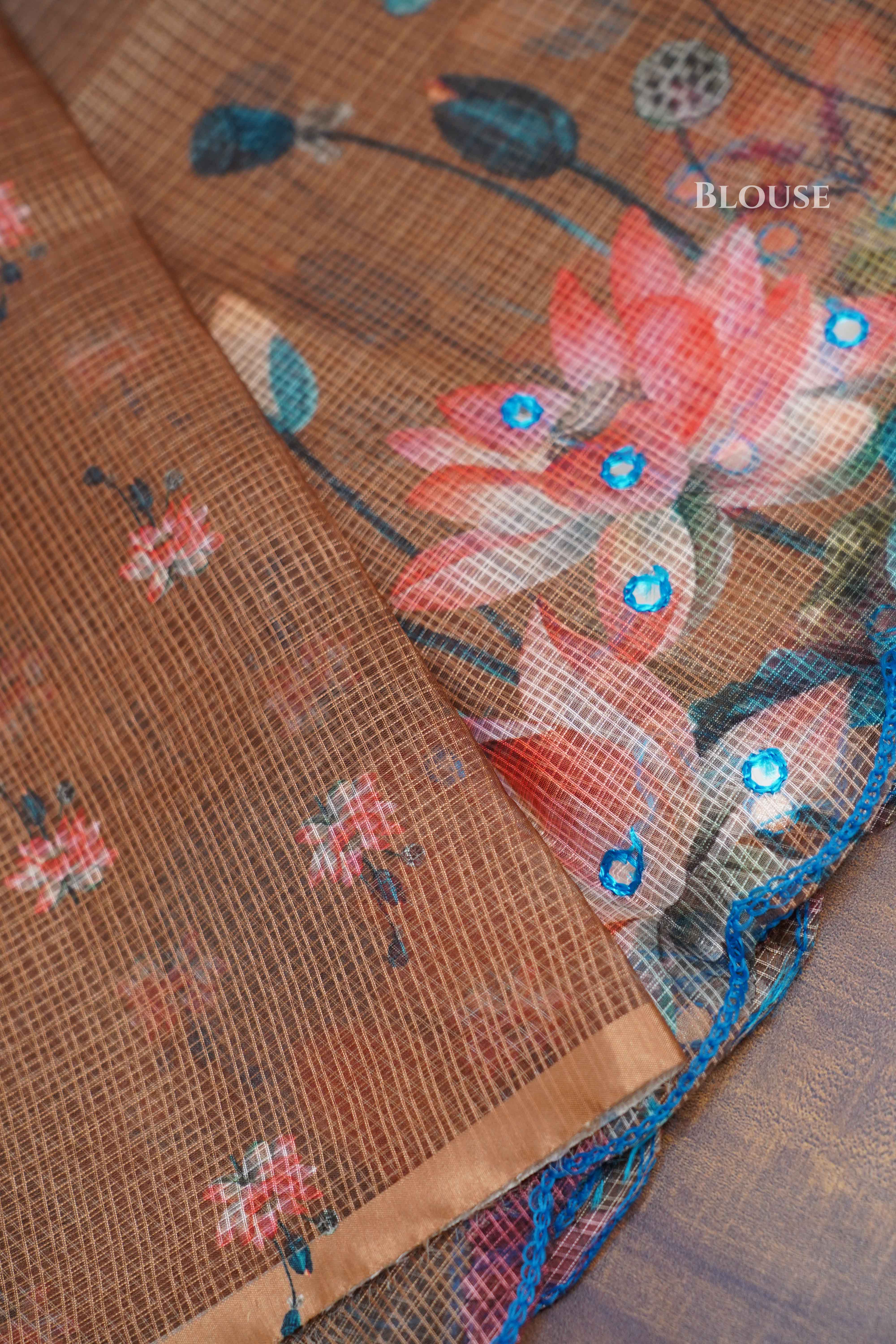 PALE BROWN WITH LIGHT NAVY BLUE KOTA COTTON SAREE - Queens Jewel Emporium