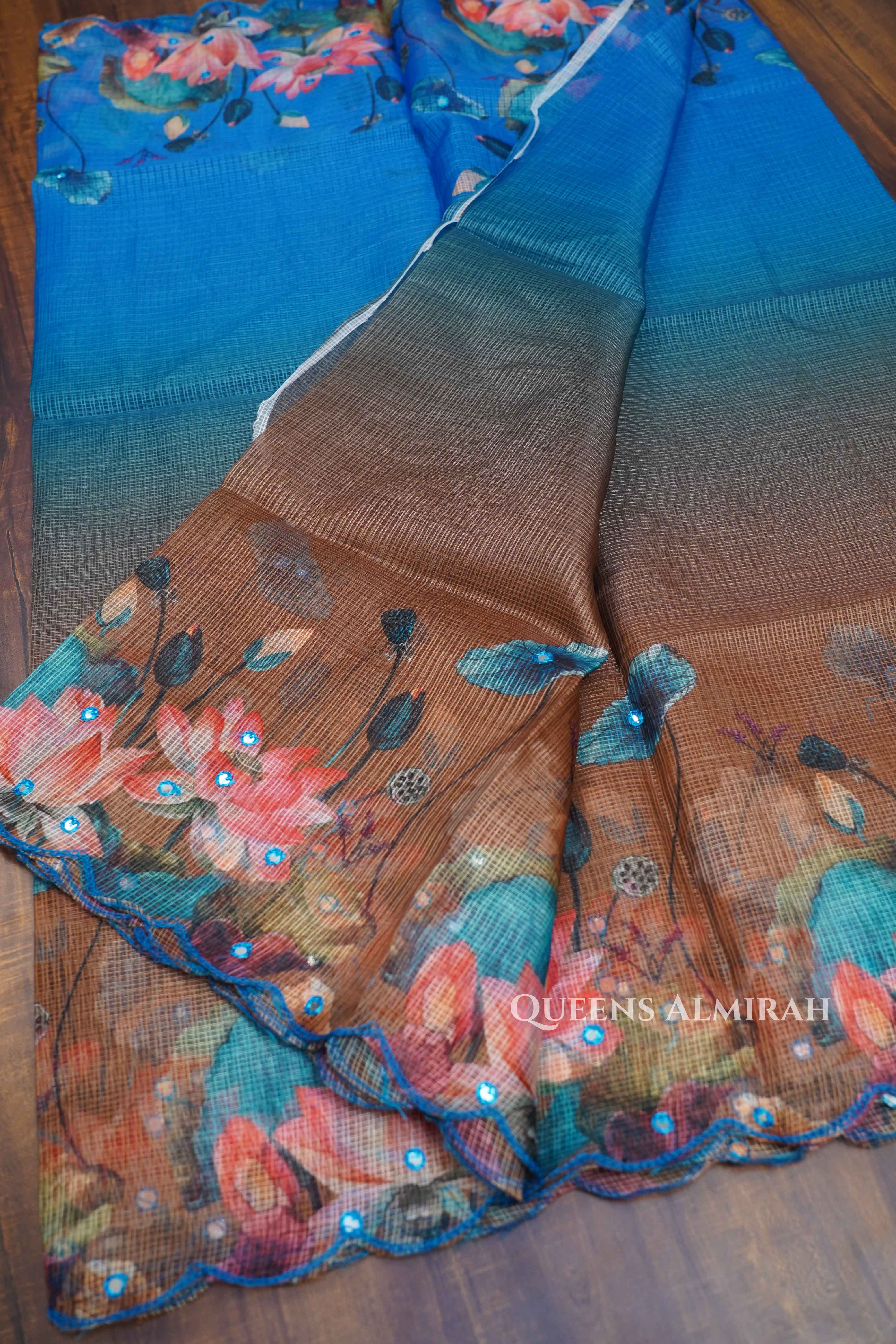 PALE BROWN WITH LIGHT NAVY BLUE KOTA COTTON SAREE - Queens Jewel Emporium