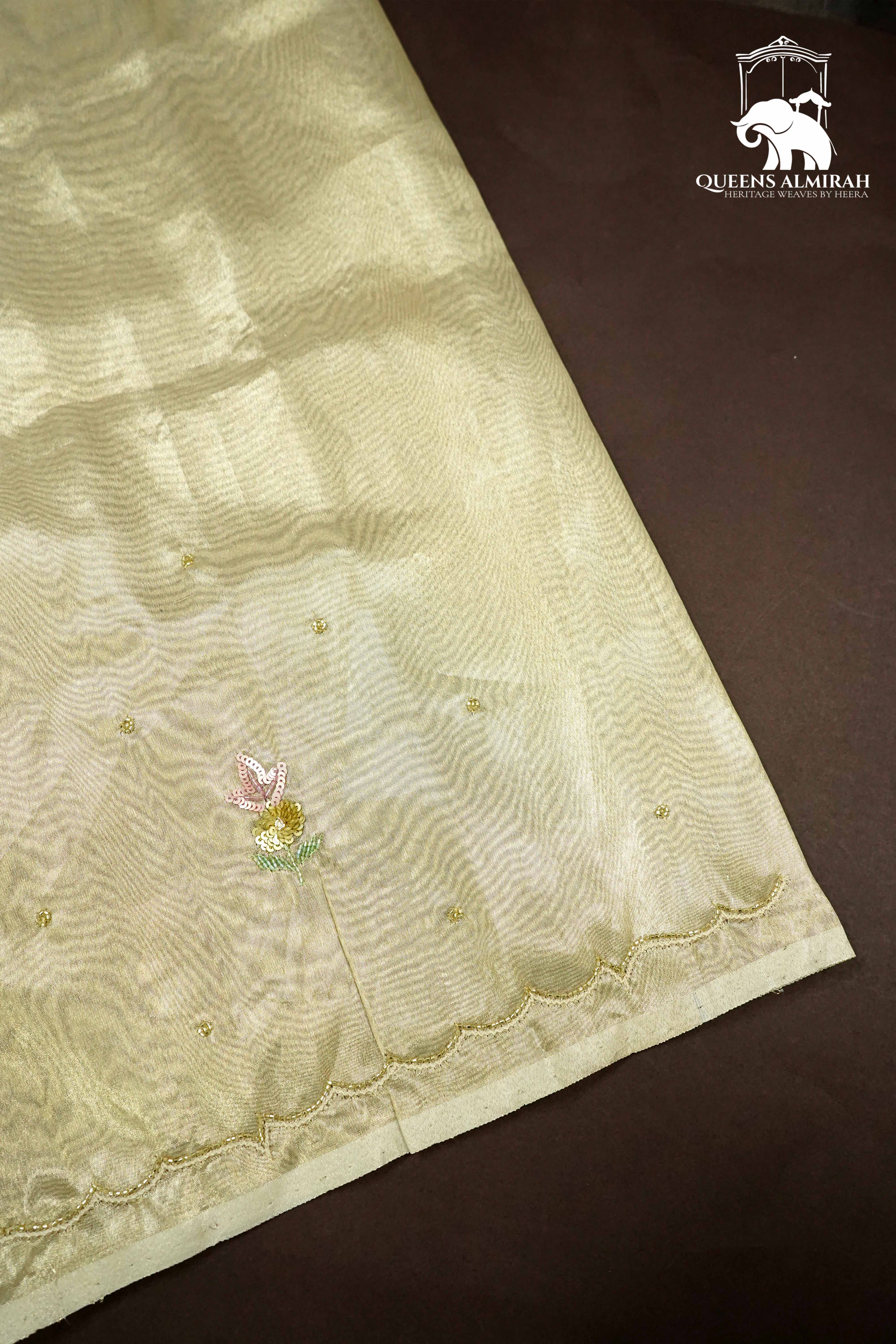 PALE GOLD WITH SCALLOP BORDER ORGANZA SAREE - Queens Jewel Emporium