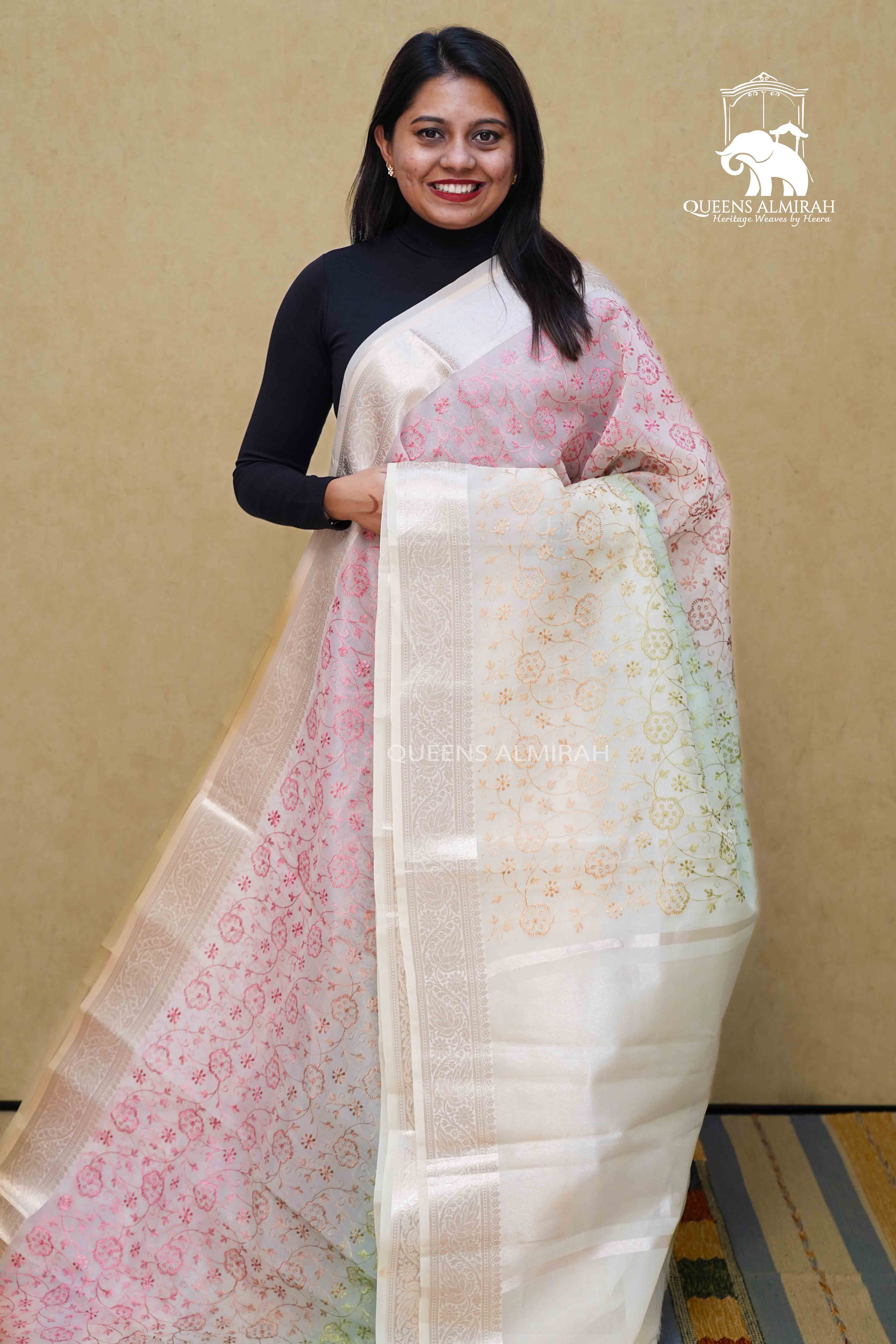 PALE OLIVE AND MULTI COLOR  ORGANZA SAREE - Queens Jewel Emporium