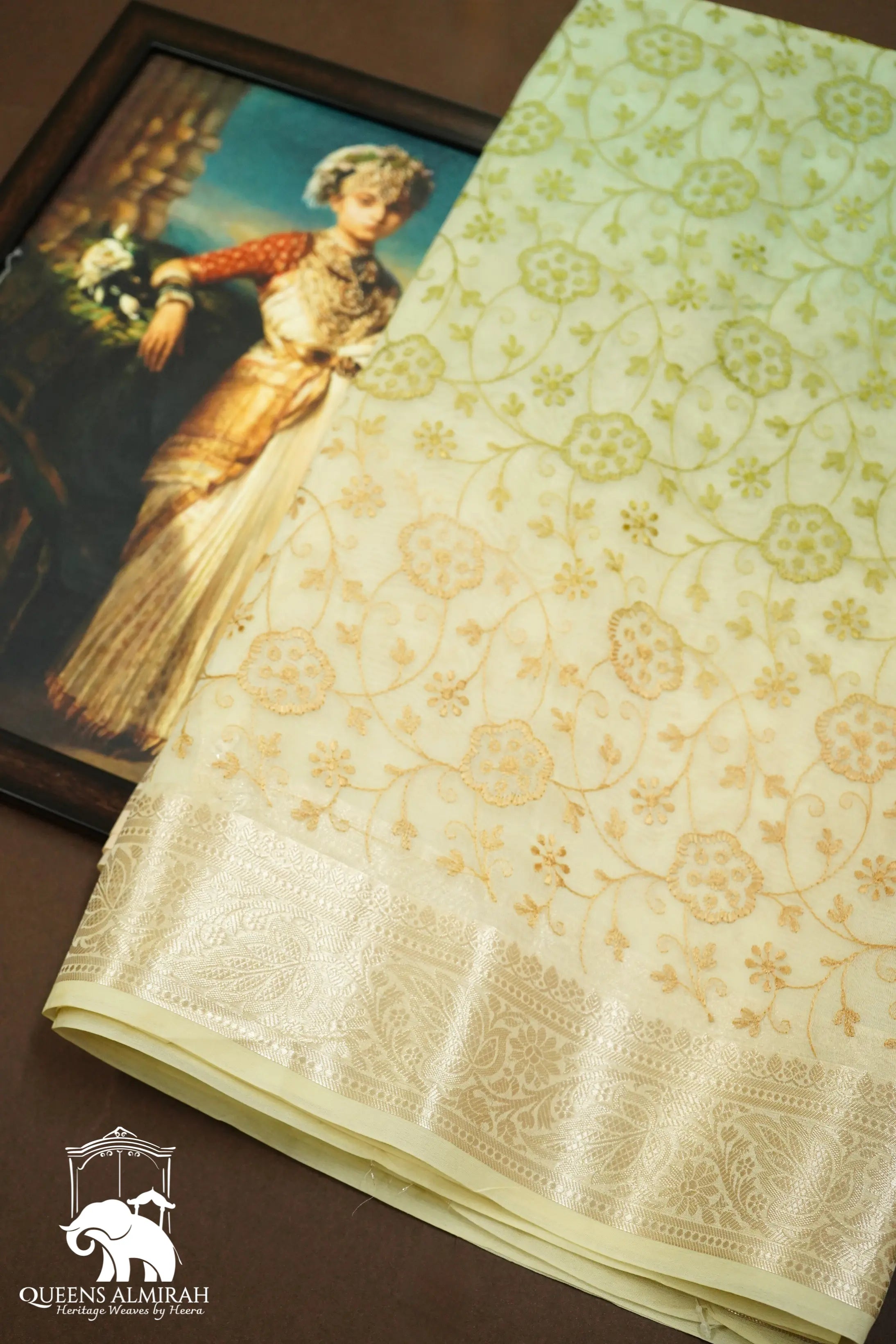 PALE OLIVE AND MULTI COLOR  ORGANZA SAREE - Queens Jewel Emporium