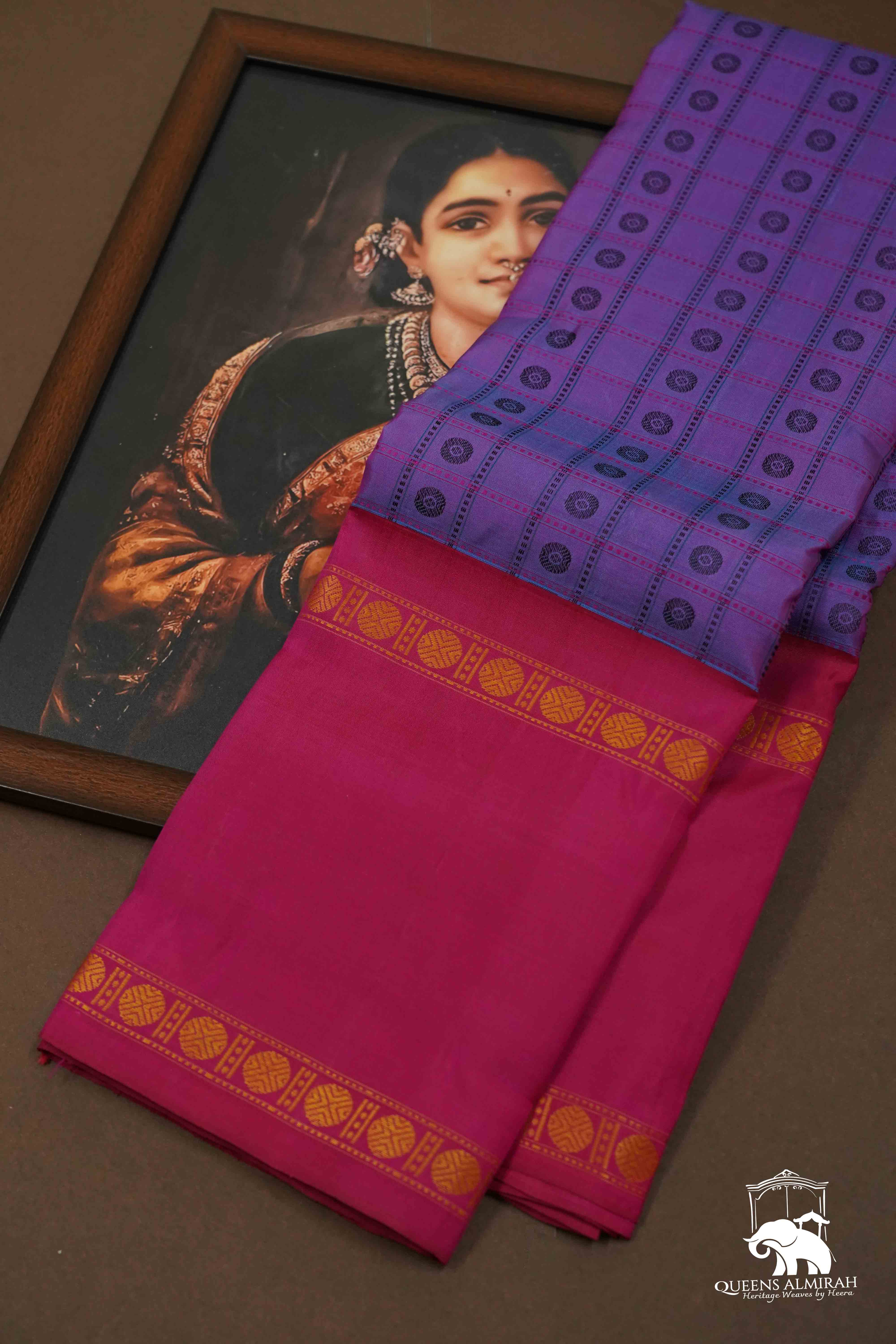 PASSIA FLOWER PURPLE WITH MAGENTA PURE KANCHIVARAM SILK SAREE - Queens Jewel Emporium