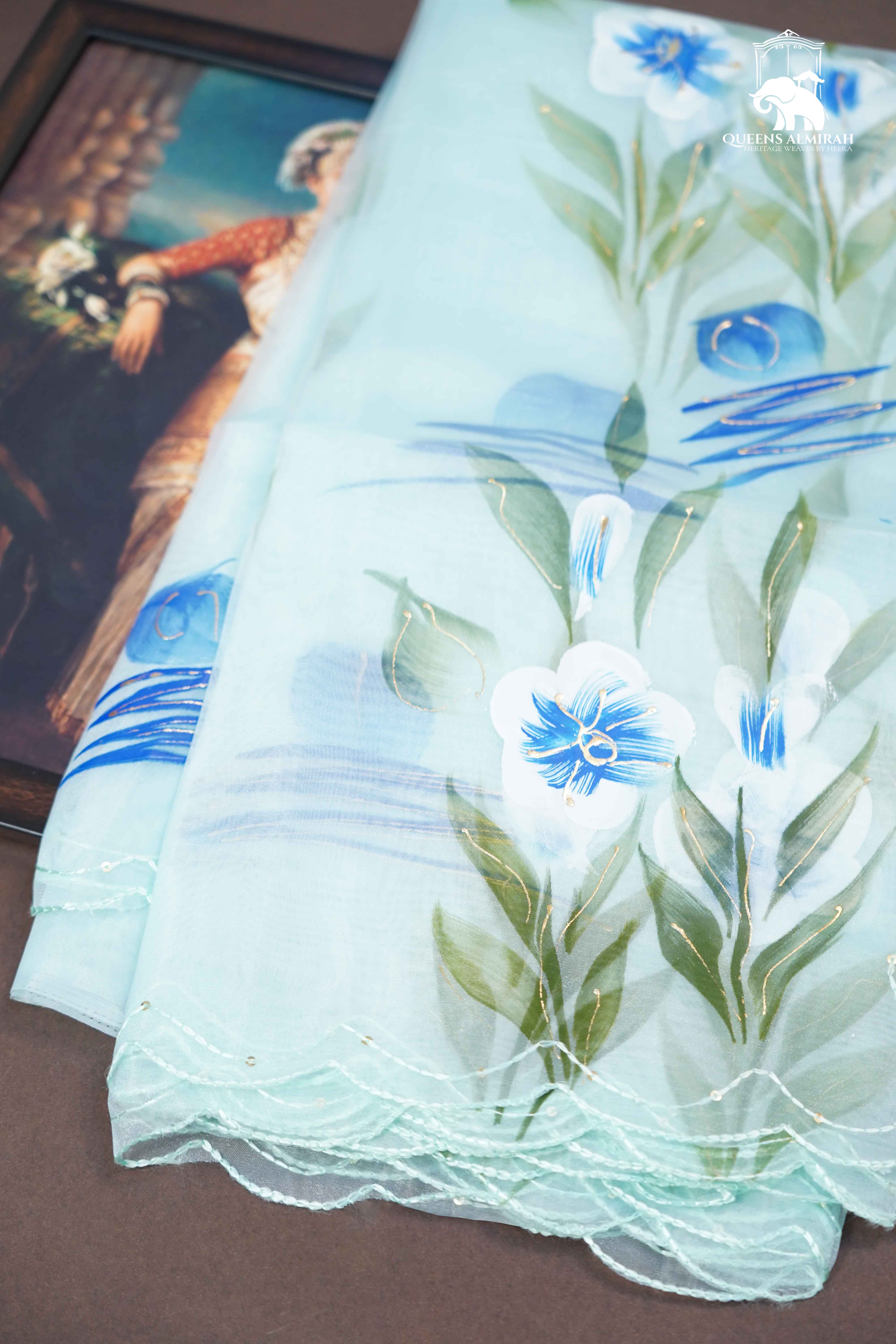 PASTEL AQUA BLUE HAND PAINTED ORGANZA SAREE - Queens Jewel Emporium