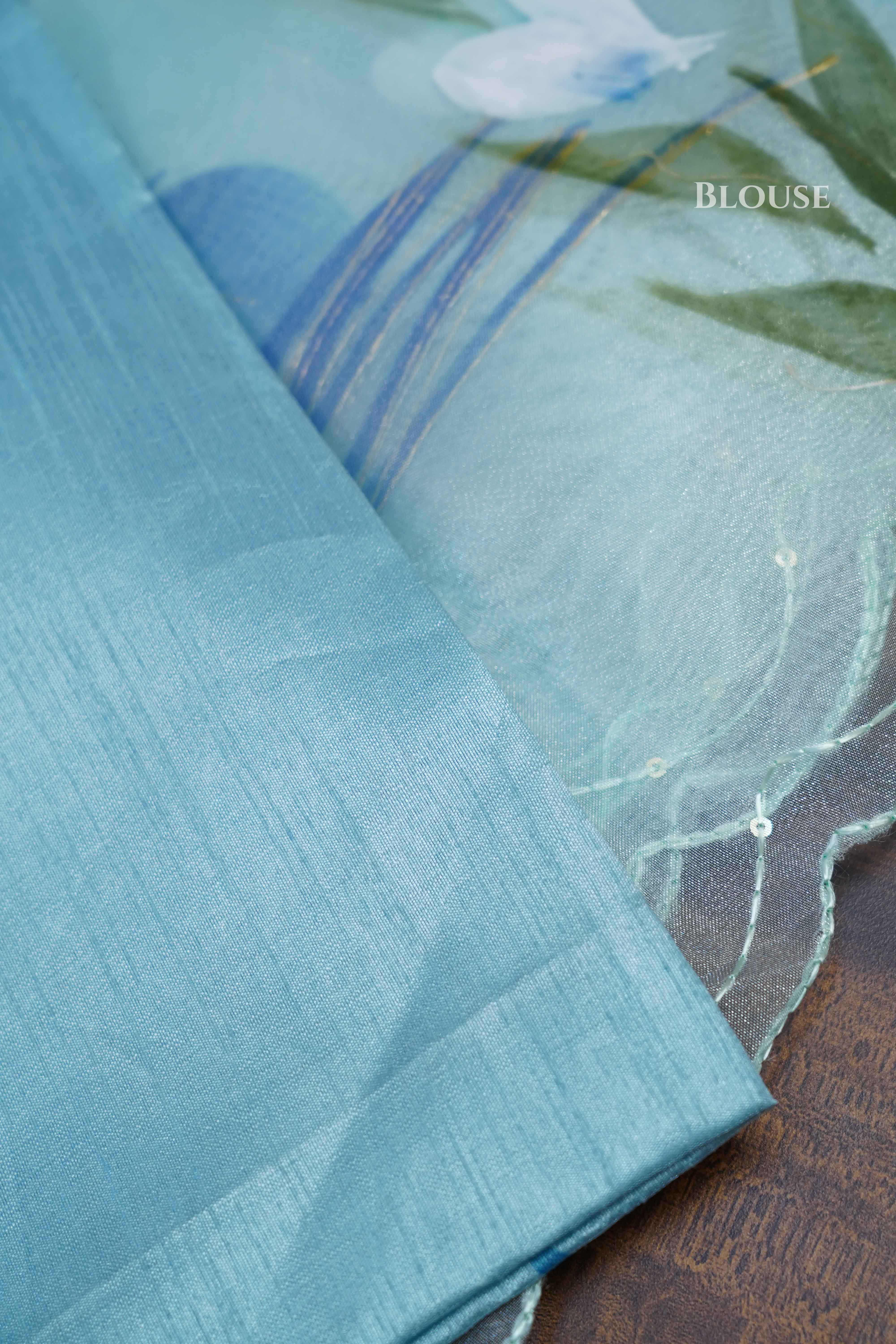 PASTEL AQUA BLUE HAND PAINTED ORGANZA SAREE - Queens Jewel Emporium