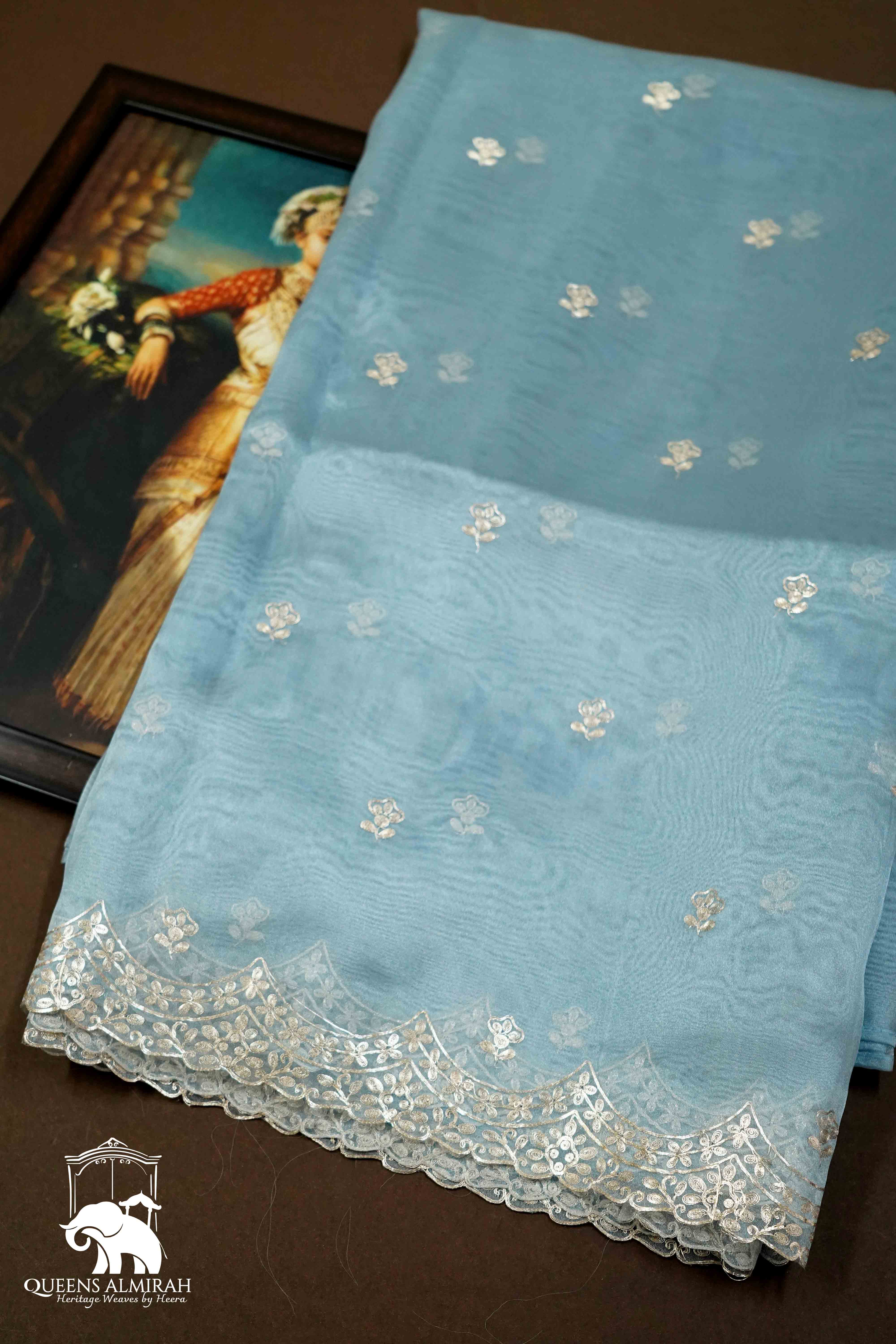 PASTEL BLUE SILK ORGANZA SAREE - Queens Jewel Emporium