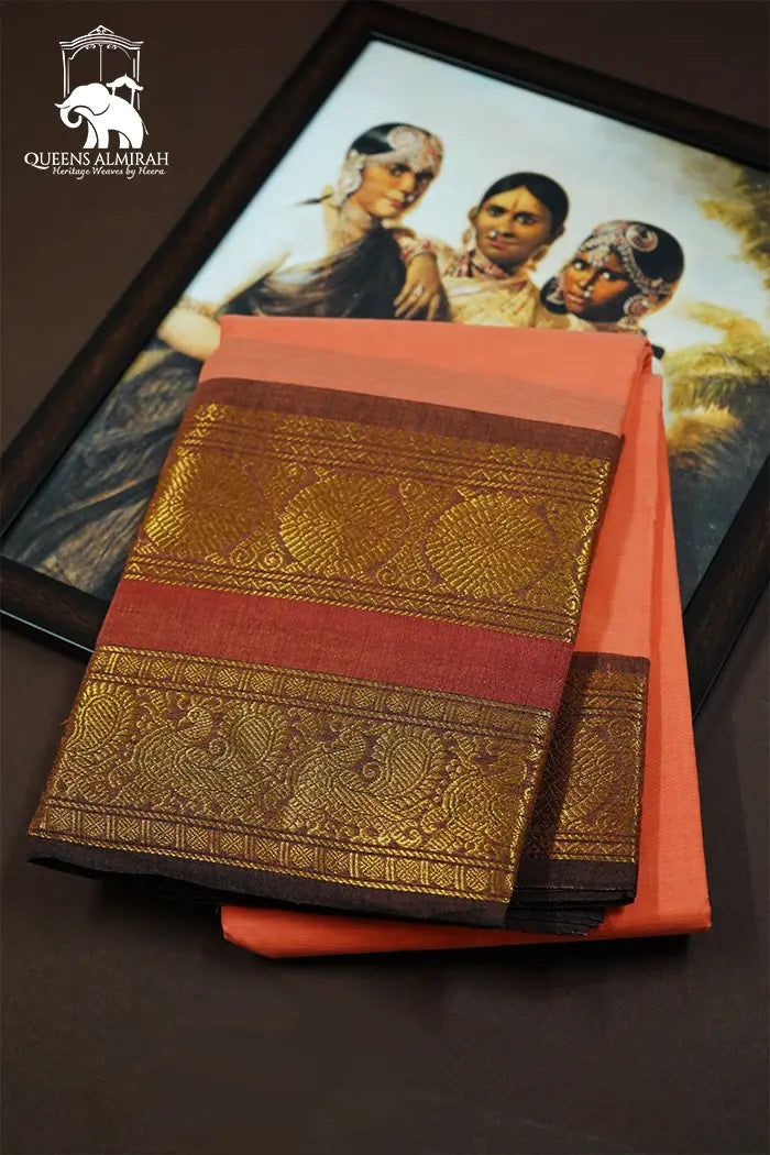 PEACH PINK WITH REDDISH GREY GOLDEN BORDER KANCHI COTTON SAREE - Queens Jewel Emporium