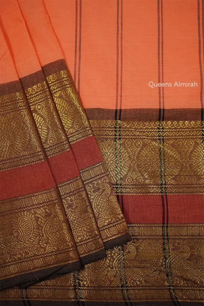 PEACH PINK WITH REDDISH GREY GOLDEN BORDER KANCHI COTTON SAREE - Queens Jewel Emporium