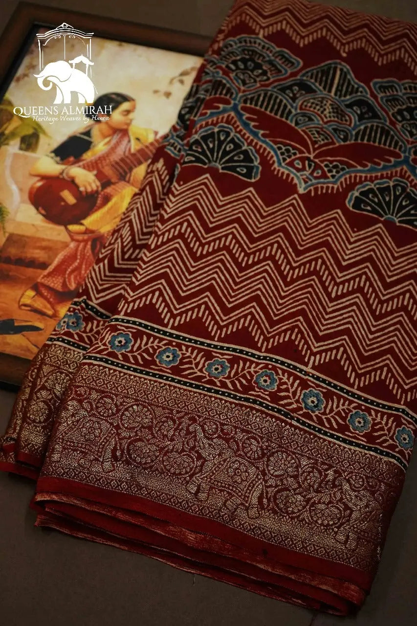 PERISAN PLUM RED DOLA AJARAKH SILK SAREE - Queens Jewel Emporium