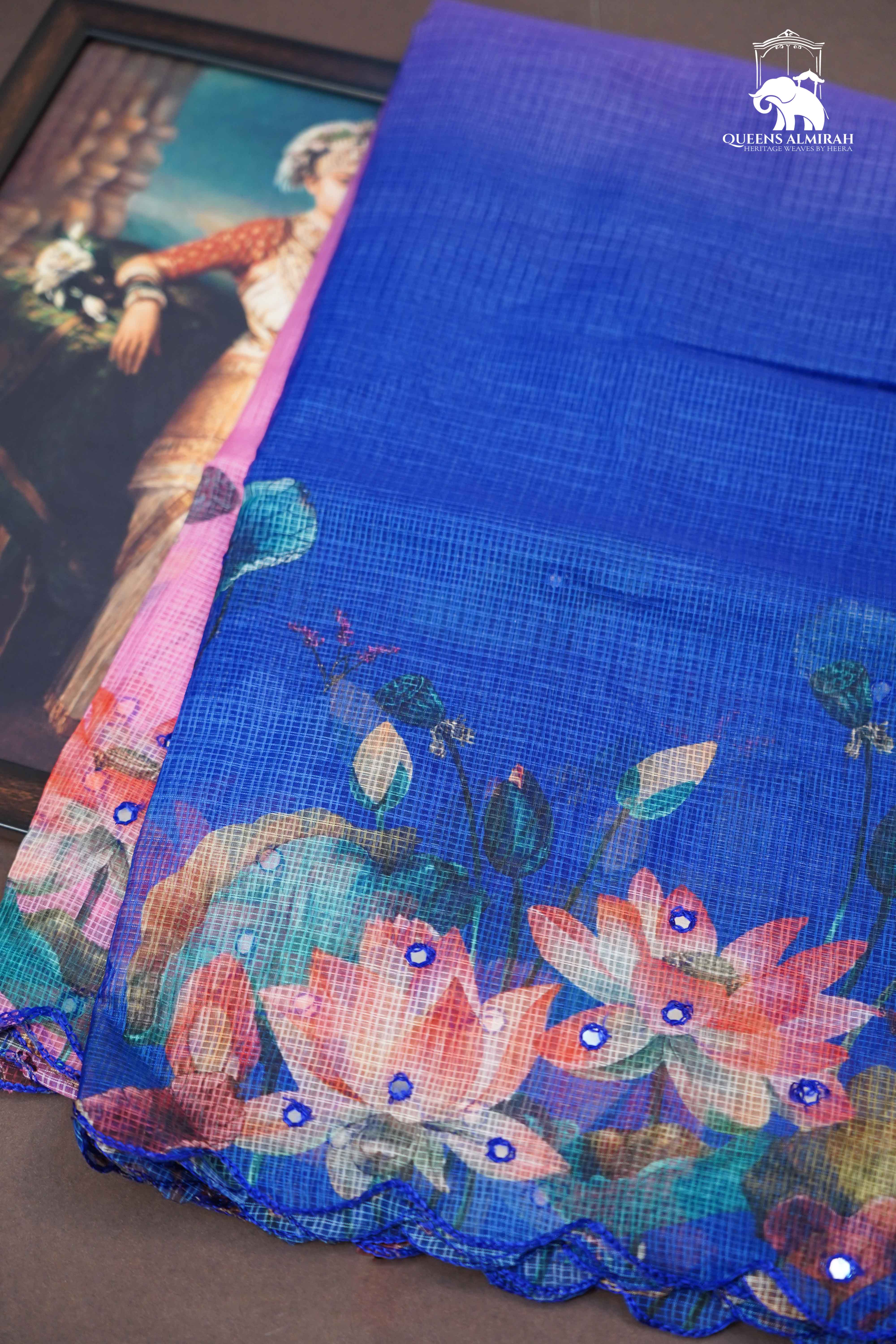 PERSIAN BLUE WITH TULIP PINK KOTA COTTON SAREE - Queens Jewel Emporium