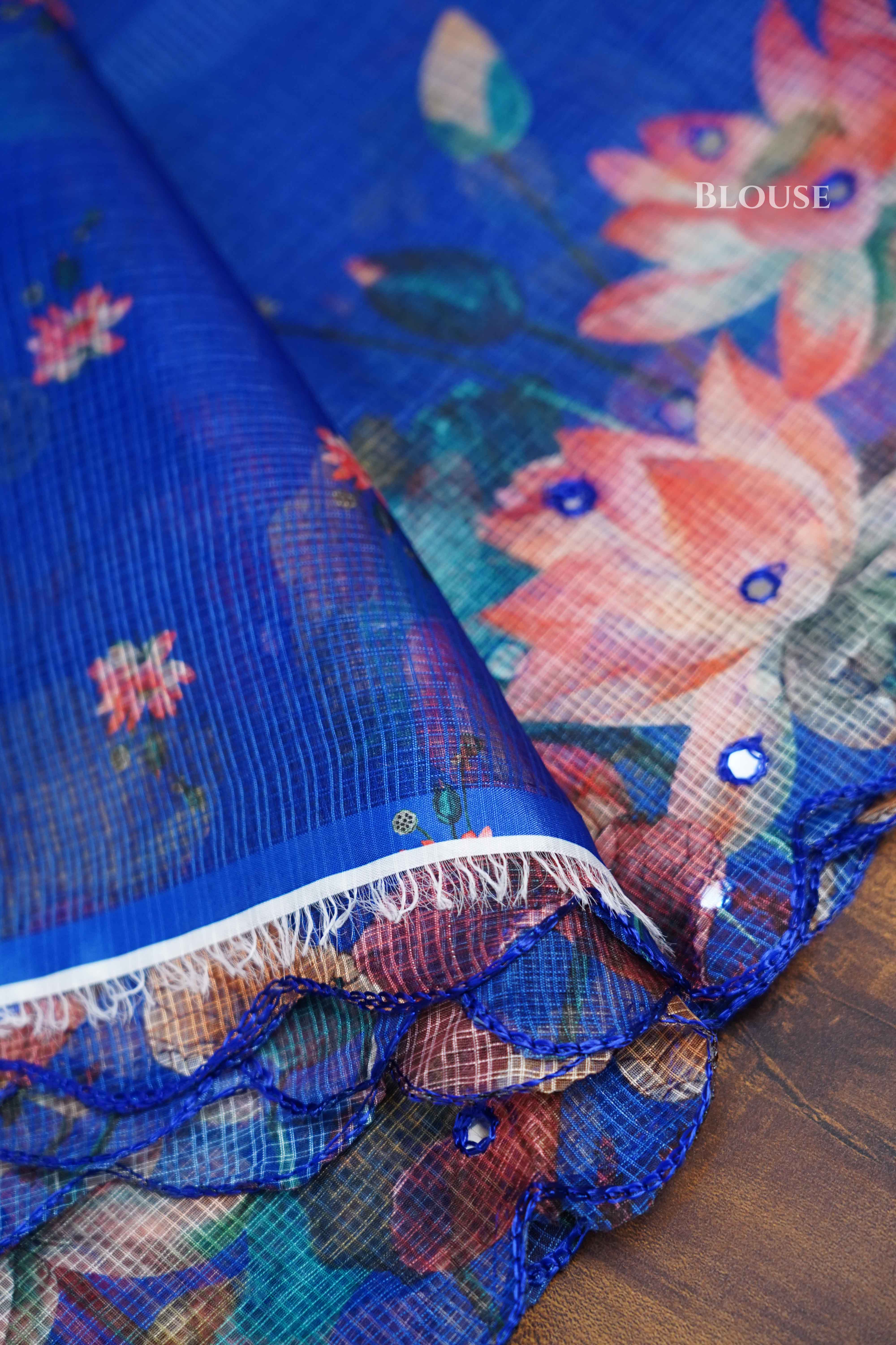 PERSIAN BLUE WITH TULIP PINK KOTA COTTON SAREE - Queens Jewel Emporium