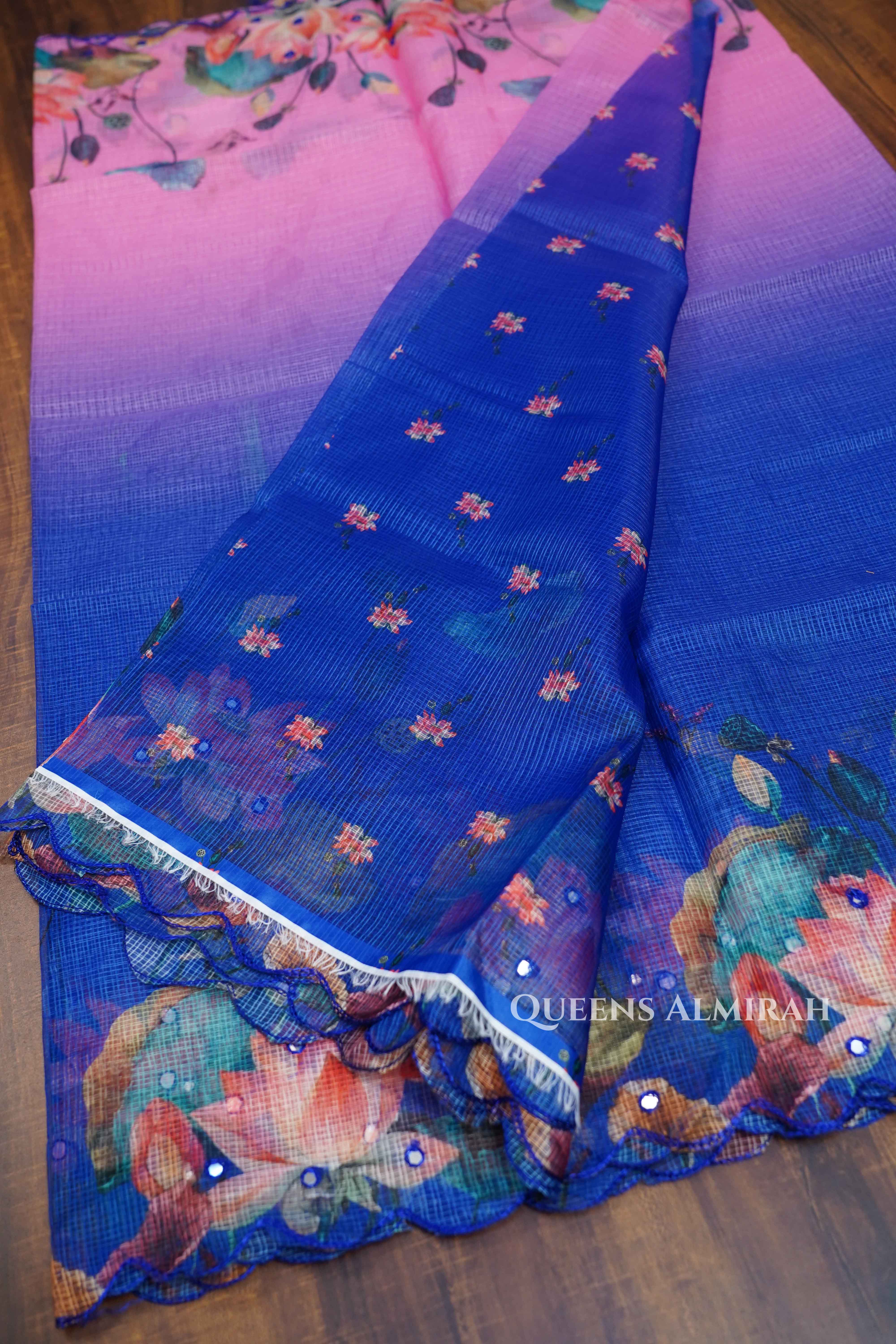 PERSIAN BLUE WITH TULIP PINK KOTA COTTON SAREE - Queens Jewel Emporium