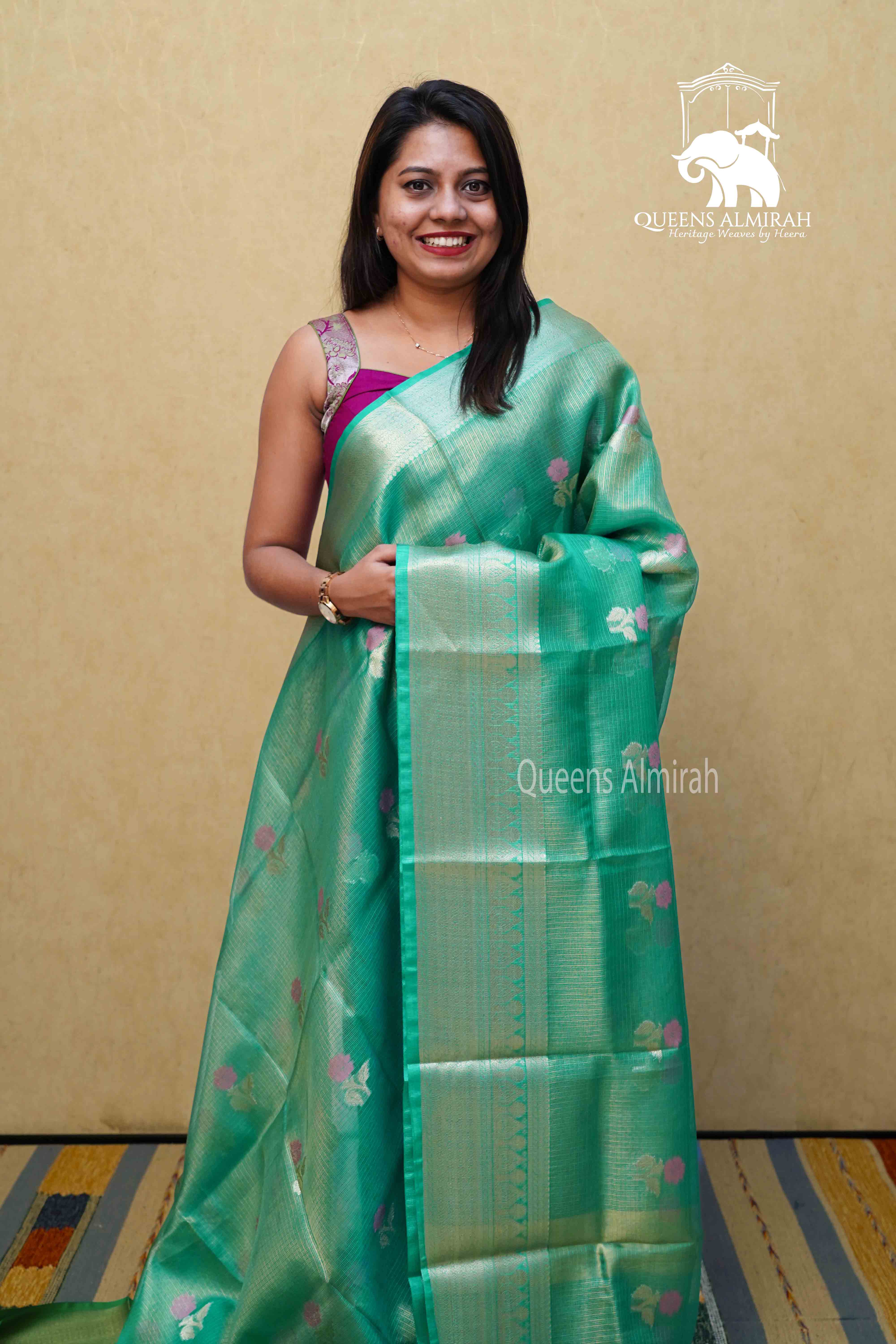 PERSIAN GREEN HALF PURE KOTA SILK SAREE - Queens Jewel Emporium