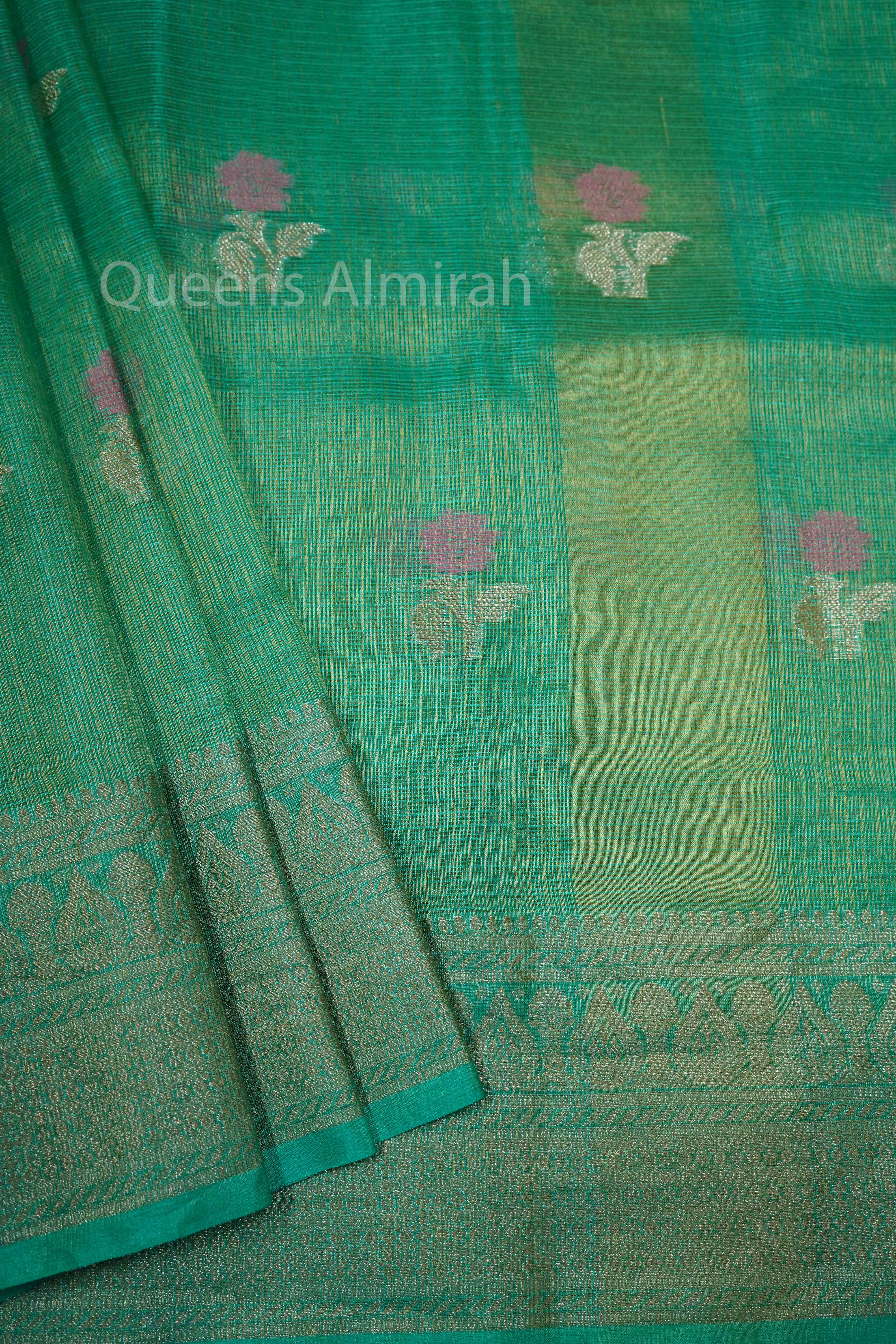 PERSIAN GREEN HALF PURE KOTA SILK SAREE - Queens Jewel Emporium