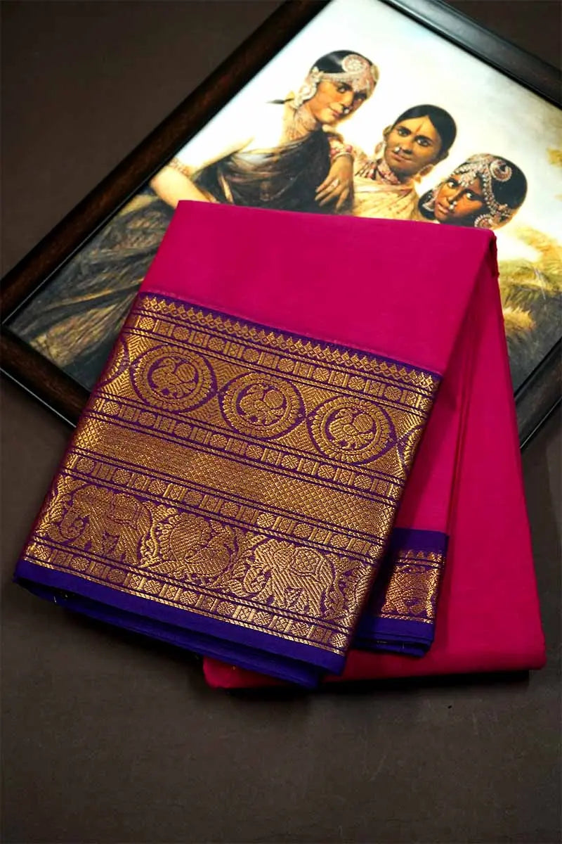 PINKISH RED WITH BLUISH PURPLE KANCHI COTTON SAREE - Queens Jewel Emporium