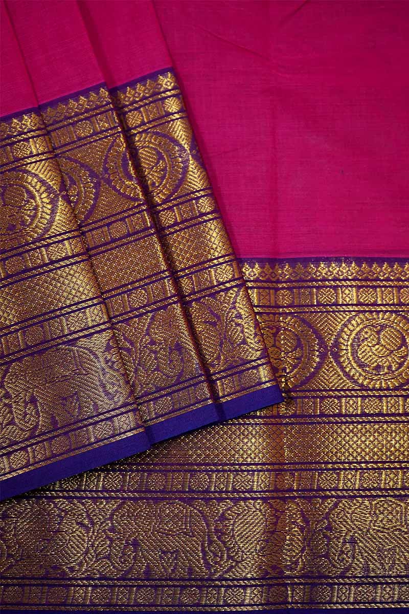 PINKISH RED WITH BLUISH PURPLE KANCHI COTTON SAREE - Queens Jewel Emporium
