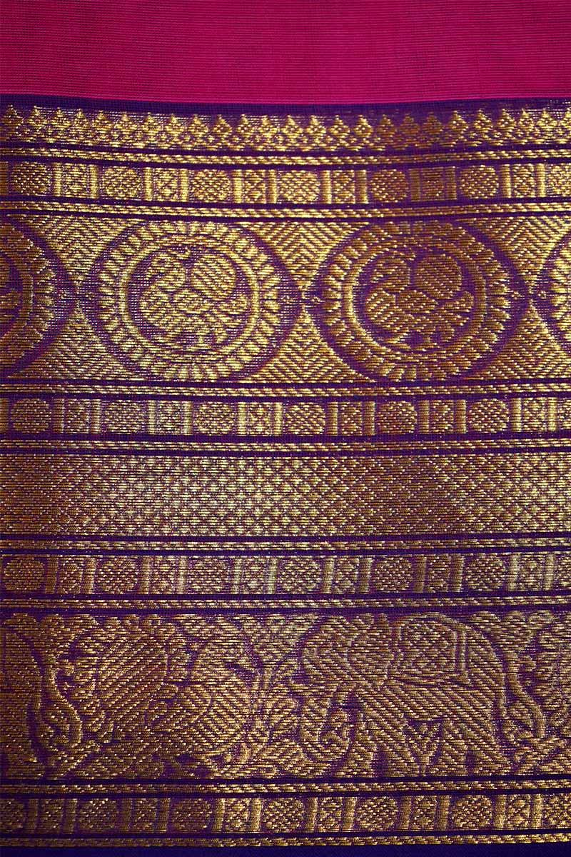 PINKISH RED WITH BLUISH PURPLE KANCHI COTTON SAREE - Queens Jewel Emporium