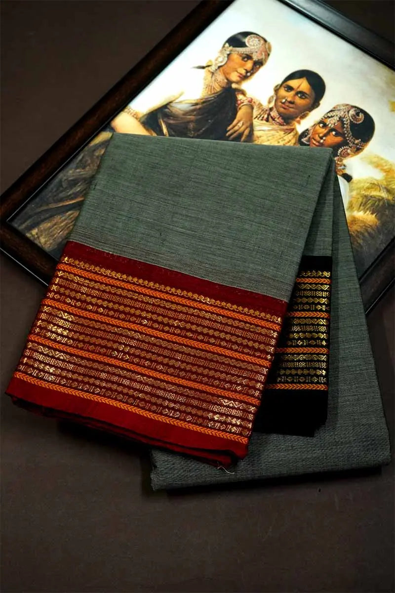 PLAIN DARK GREY SAREE WITH GANGA JAMUNA KANCHI COTTON SAREE - Queens Jewel Emporium