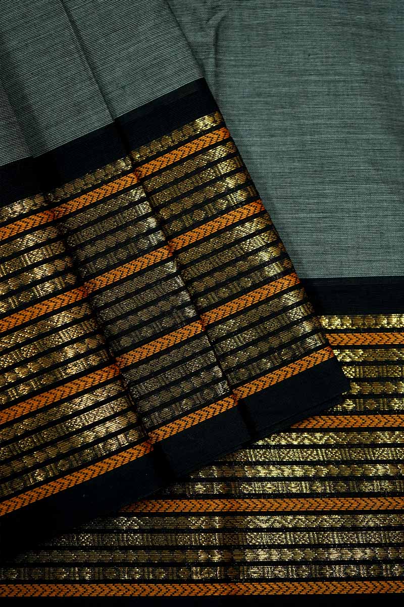 PLAIN DARK GREY SAREE WITH GANGA JAMUNA KANCHI COTTON SAREE - Queens Jewel Emporium
