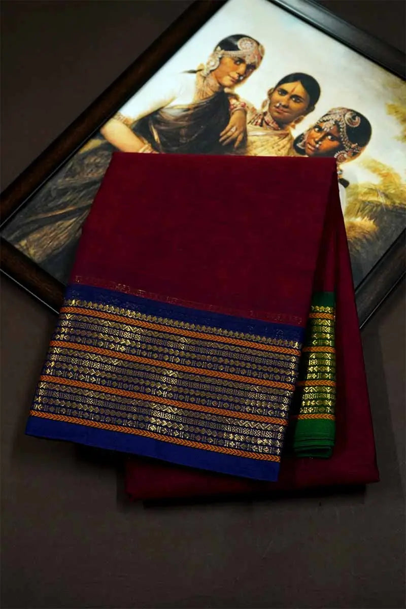 PLAIN MAROON SAREE WITH GANGA JAMUNA BORDER KANCHI COTTON - Queens Jewel Emporium