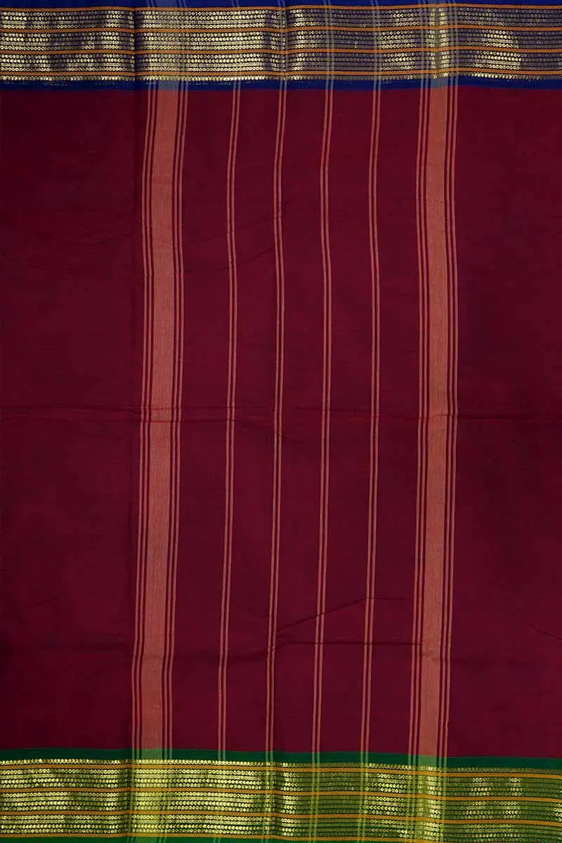 PLAIN MAROON SAREE WITH GANGA JAMUNA BORDER KANCHI COTTON - Queens Jewel Emporium