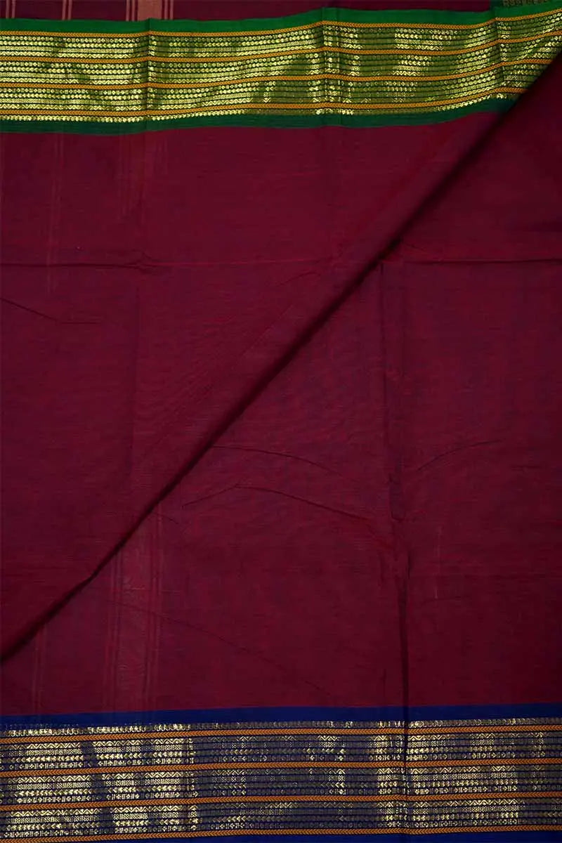 PLAIN MAROON SAREE WITH GANGA JAMUNA BORDER KANCHI COTTON - Queens Jewel Emporium