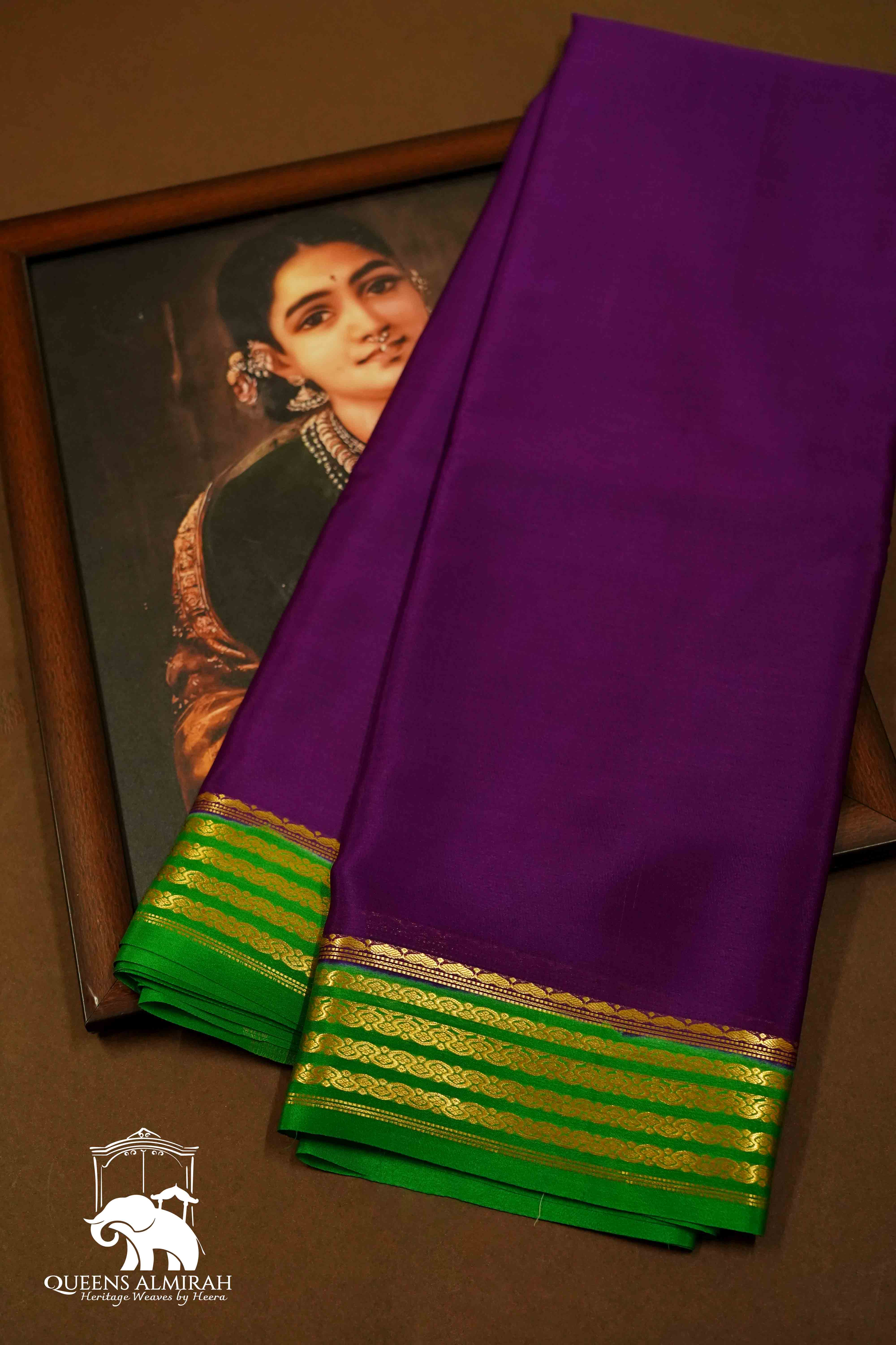 PLUM PURPLE WITH DEEP GREEN MYSORE SILK SAREE - Queens Jewel Emporium