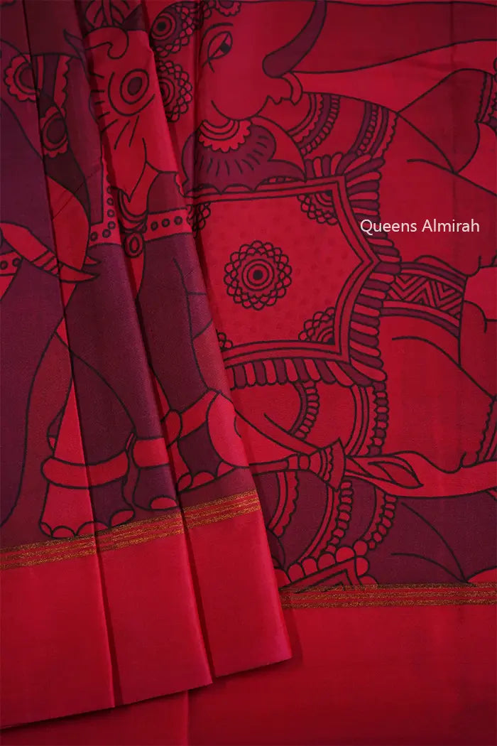 POMEGRANATE RED WITH RED KANCHIVARAM SILK SAREE - Queens Jewel Emporium