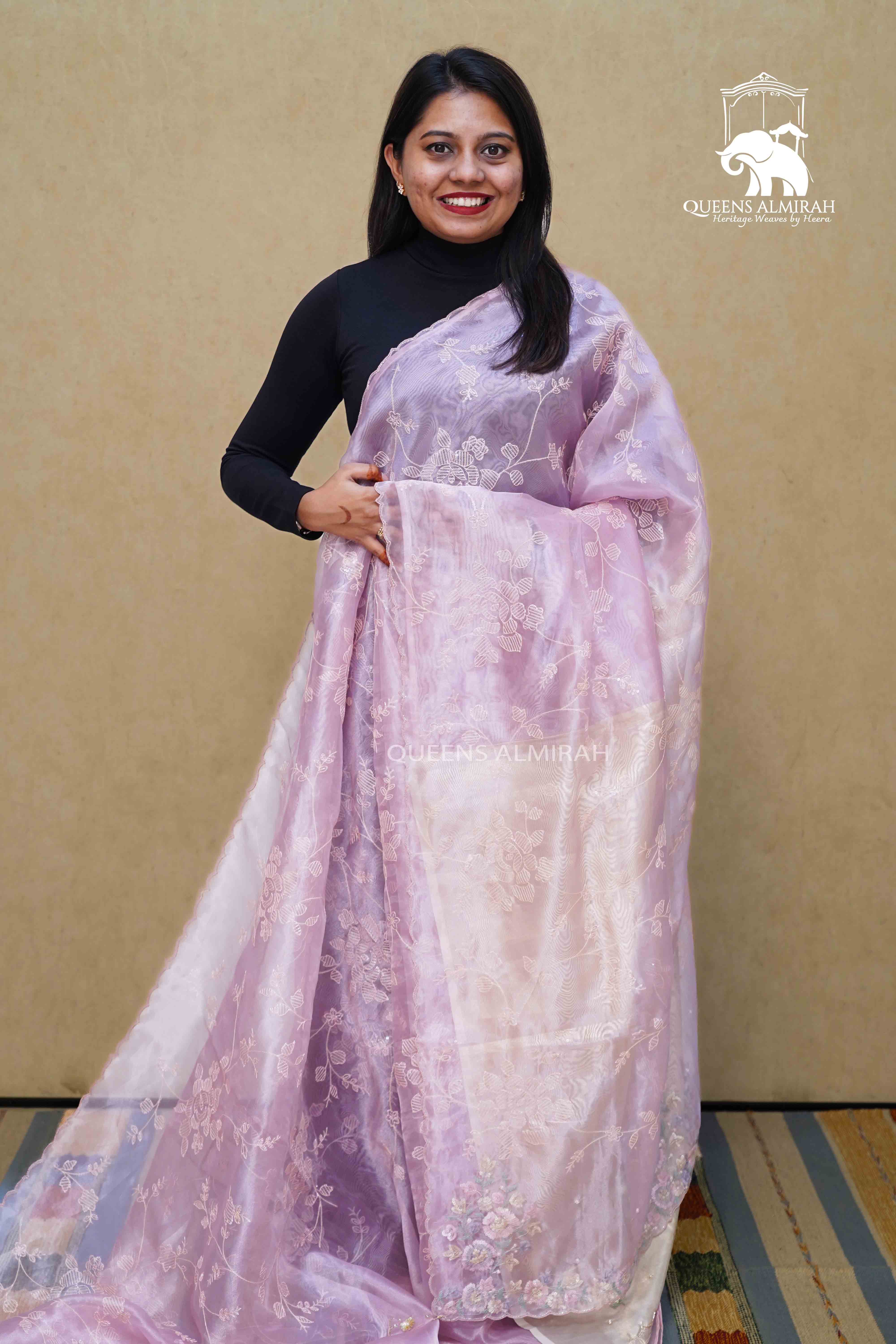 PUCE PINK WITH SCALLOP BORDER ORGANZA SAREE - Queens Jewel Emporium