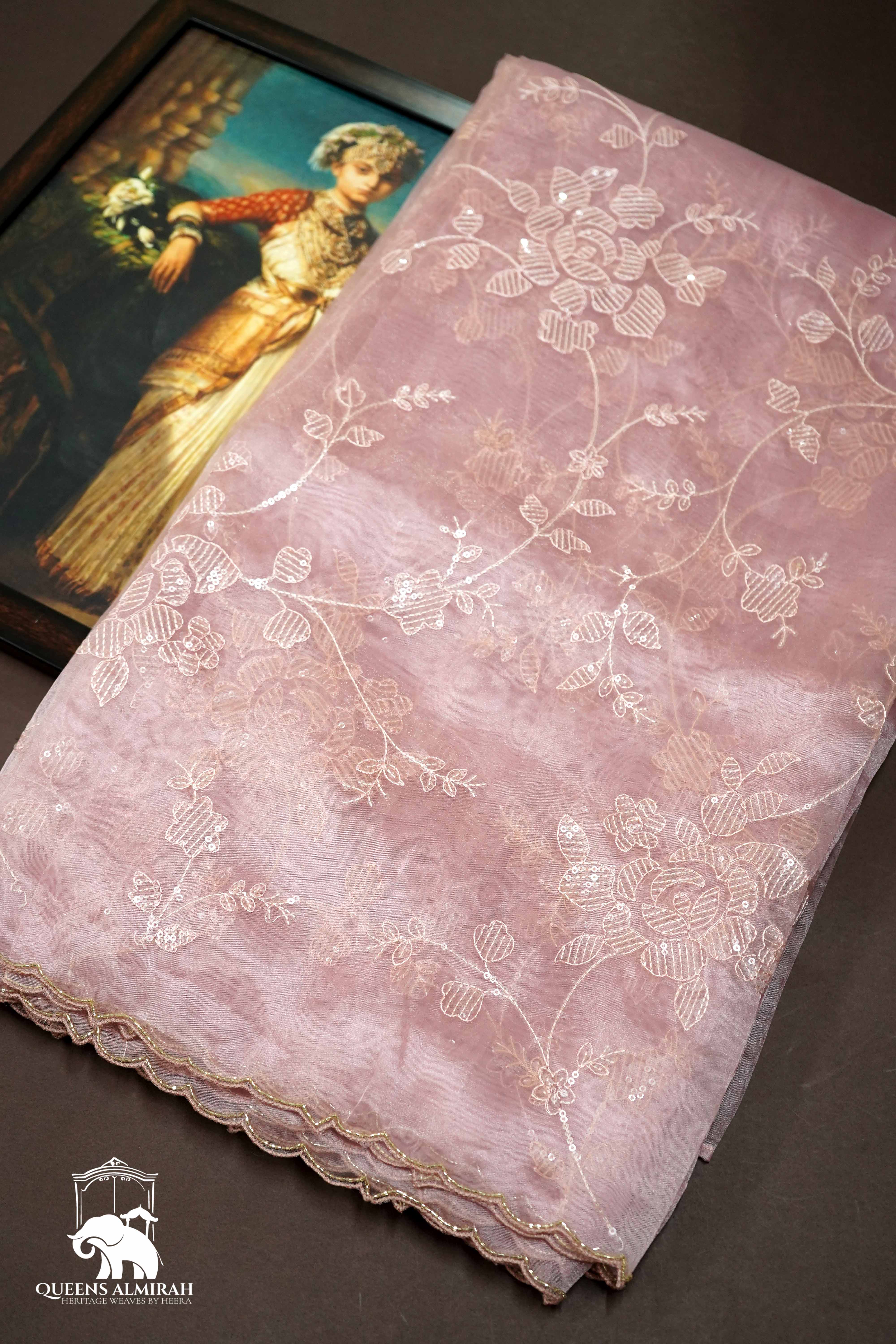 PUCE PINK WITH SCALLOP BORDER ORGANZA SAREE - Queens Jewel Emporium