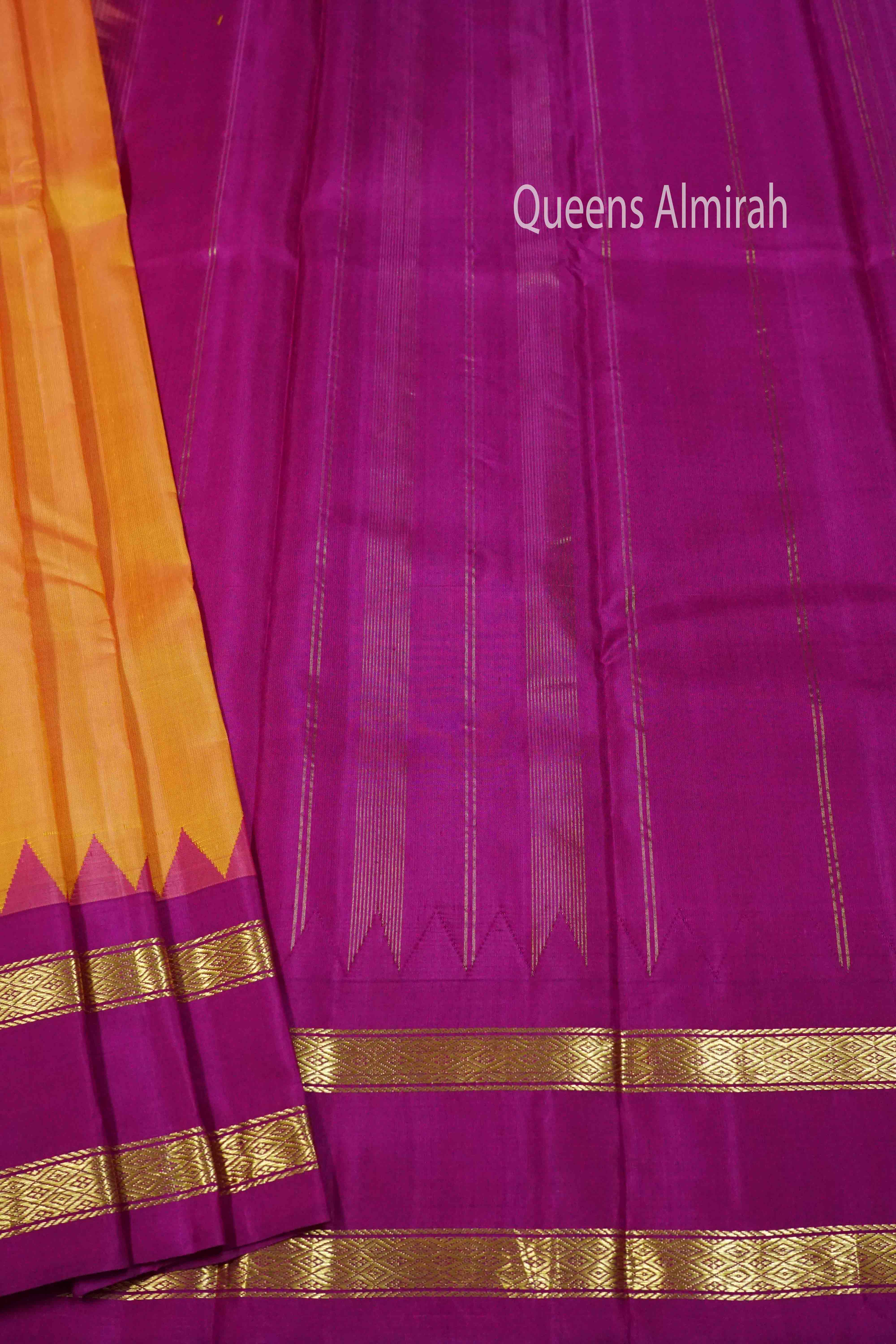 PUMPKIN ORANGE WITH BOTTLE GREEN AND MAGENTA PURE KANCHIVARAM SILK SAREE - Queens Jewel Emporium