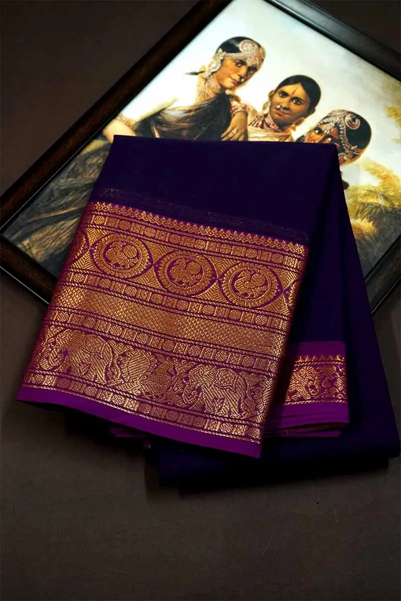 PURPLE WITH MAGENTA KANCHI COTTON SAREE - Queens Jewel Emporium