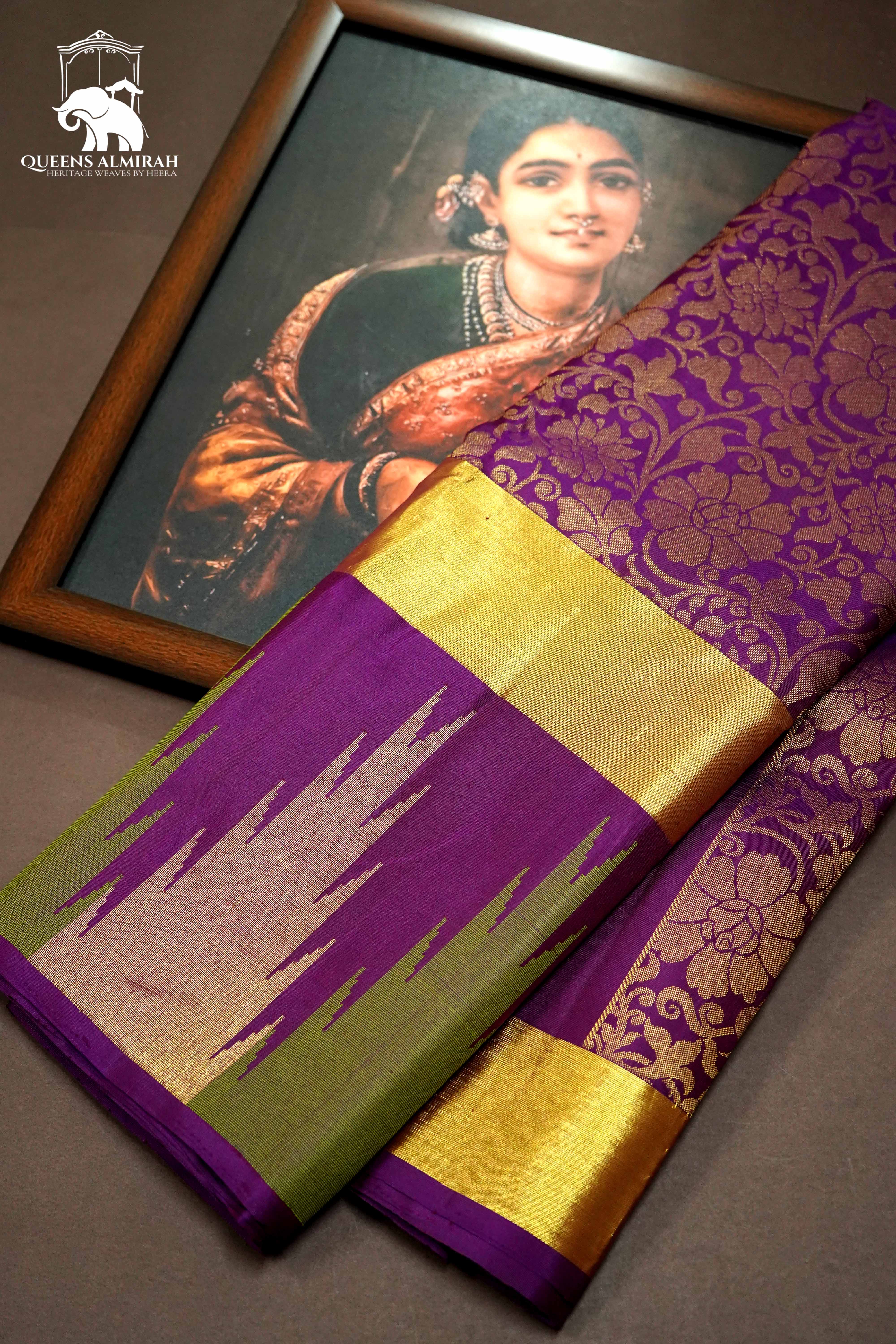 PURPLE WITH TEMPLE ZARI BORDER KANCHIVARAM SILK SAREE - Queens Jewel Emporium