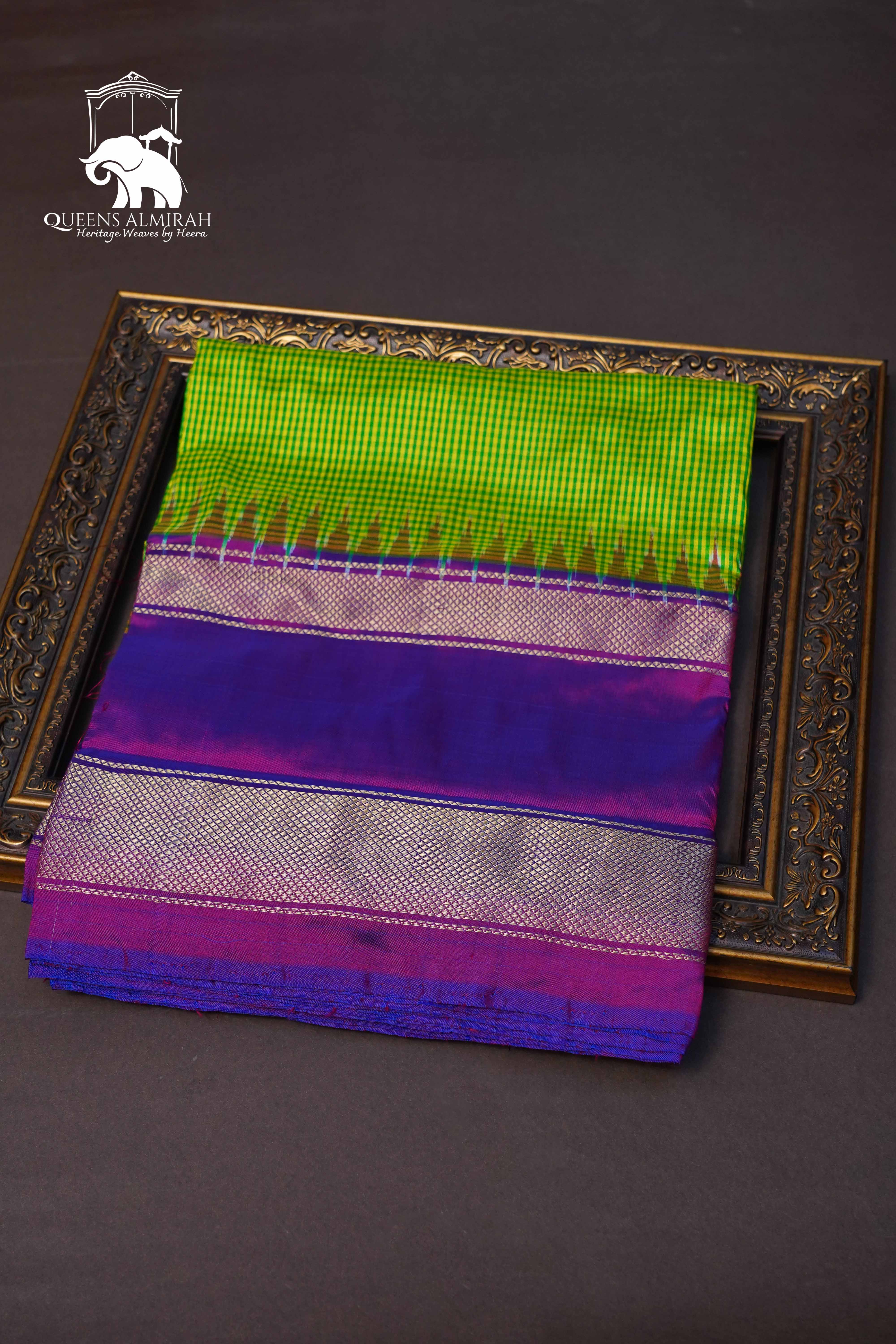 Parrot Green Checks With Warm Purple Pure Ikat Silk Saree - Queens Jewel Emporium