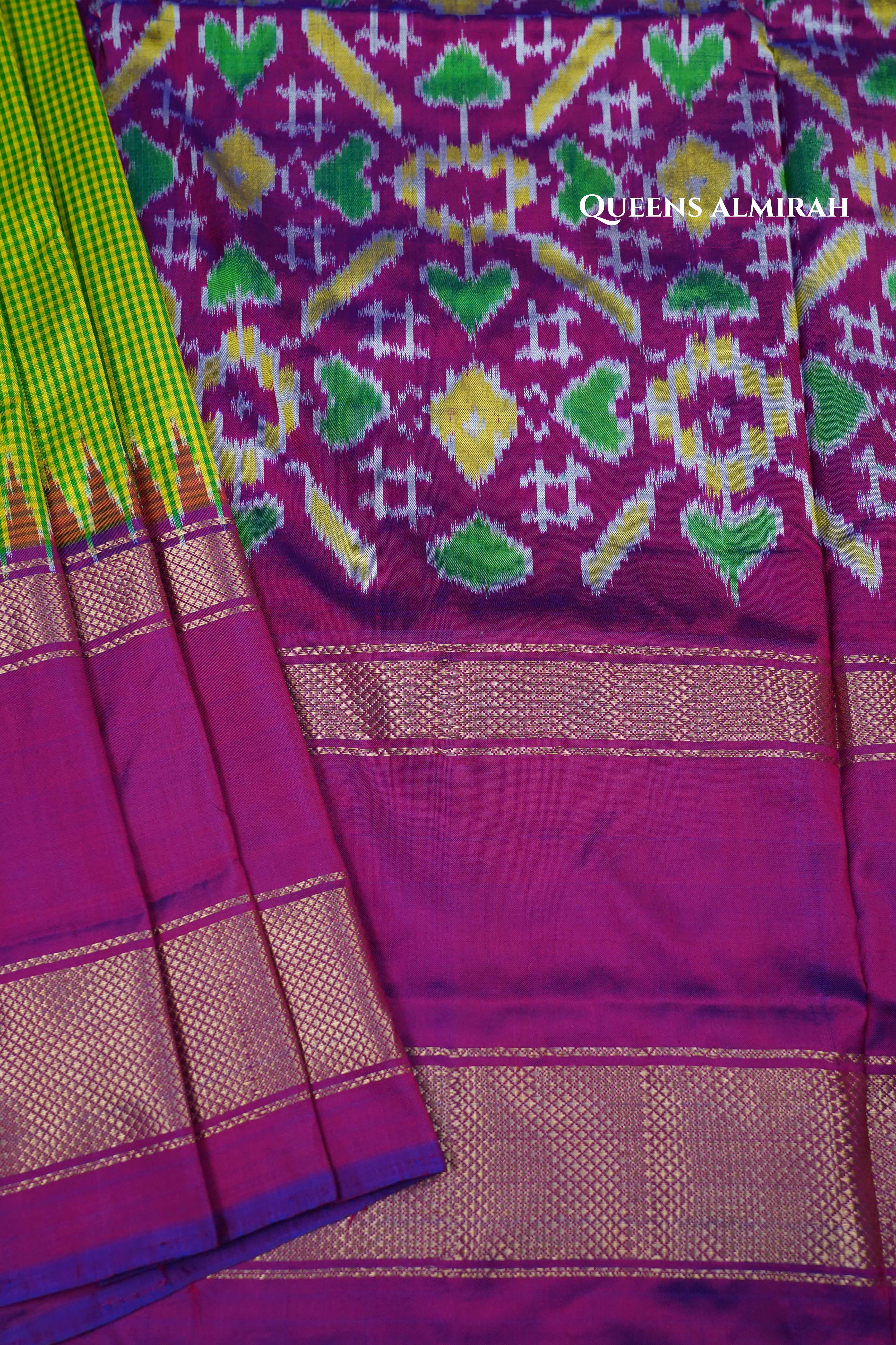 Parrot Green Checks With Warm Purple Pure Ikat Silk Saree - Queens Jewel Emporium