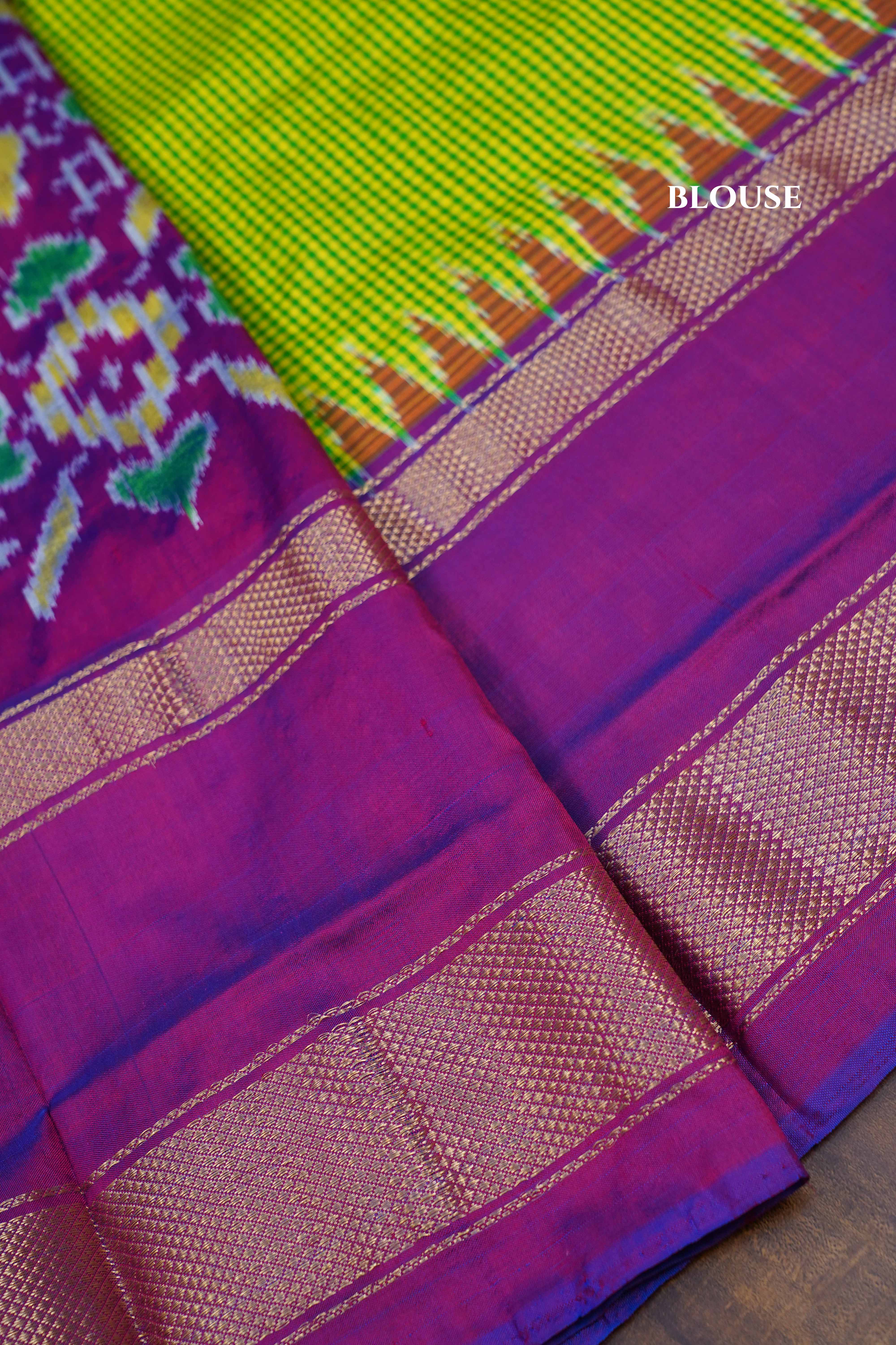 Parrot Green Checks With Warm Purple Pure Ikat Silk Saree - Queens Jewel Emporium