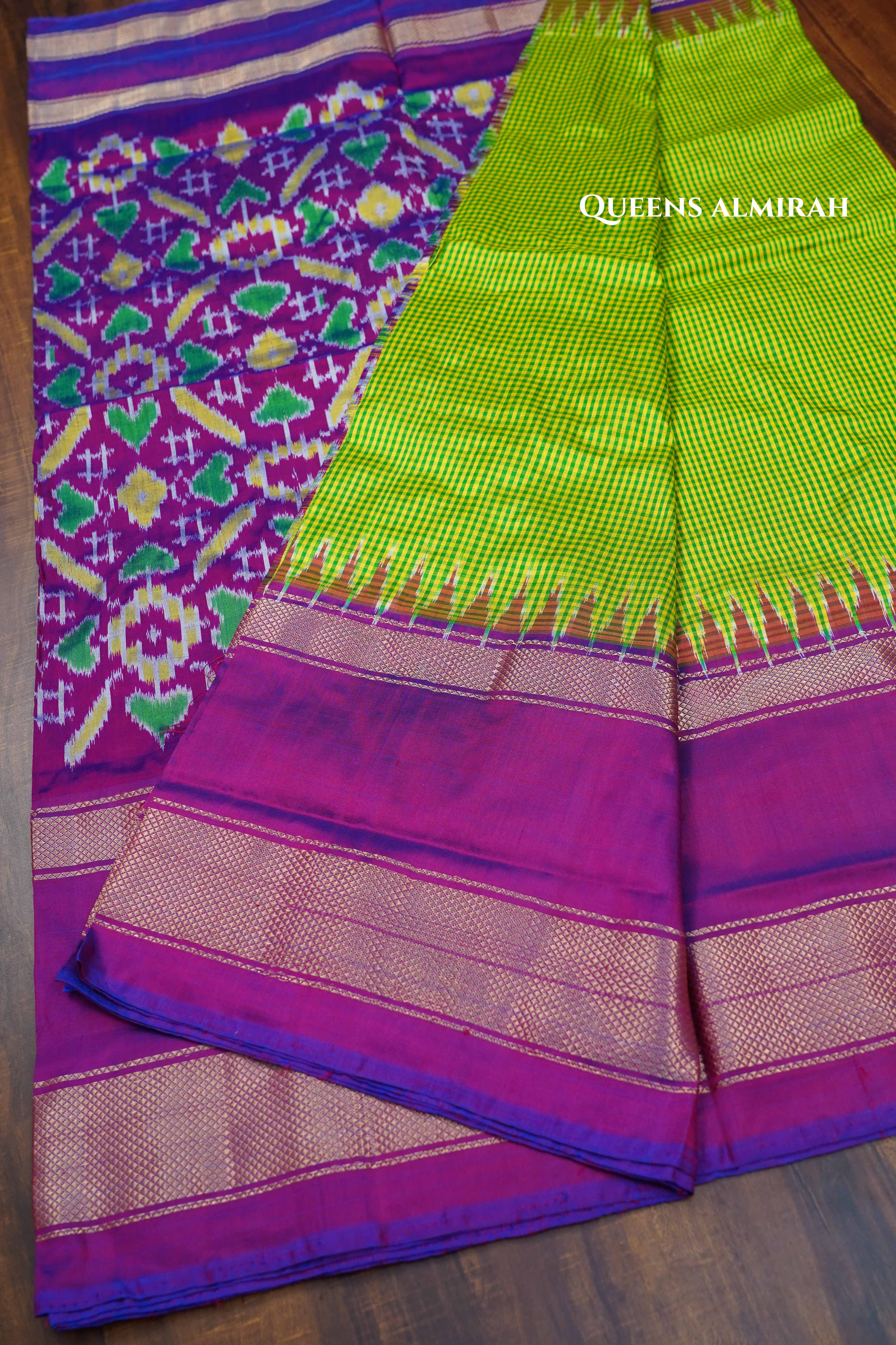 Parrot Green Checks With Warm Purple Pure Ikat Silk Saree - Queens Jewel Emporium