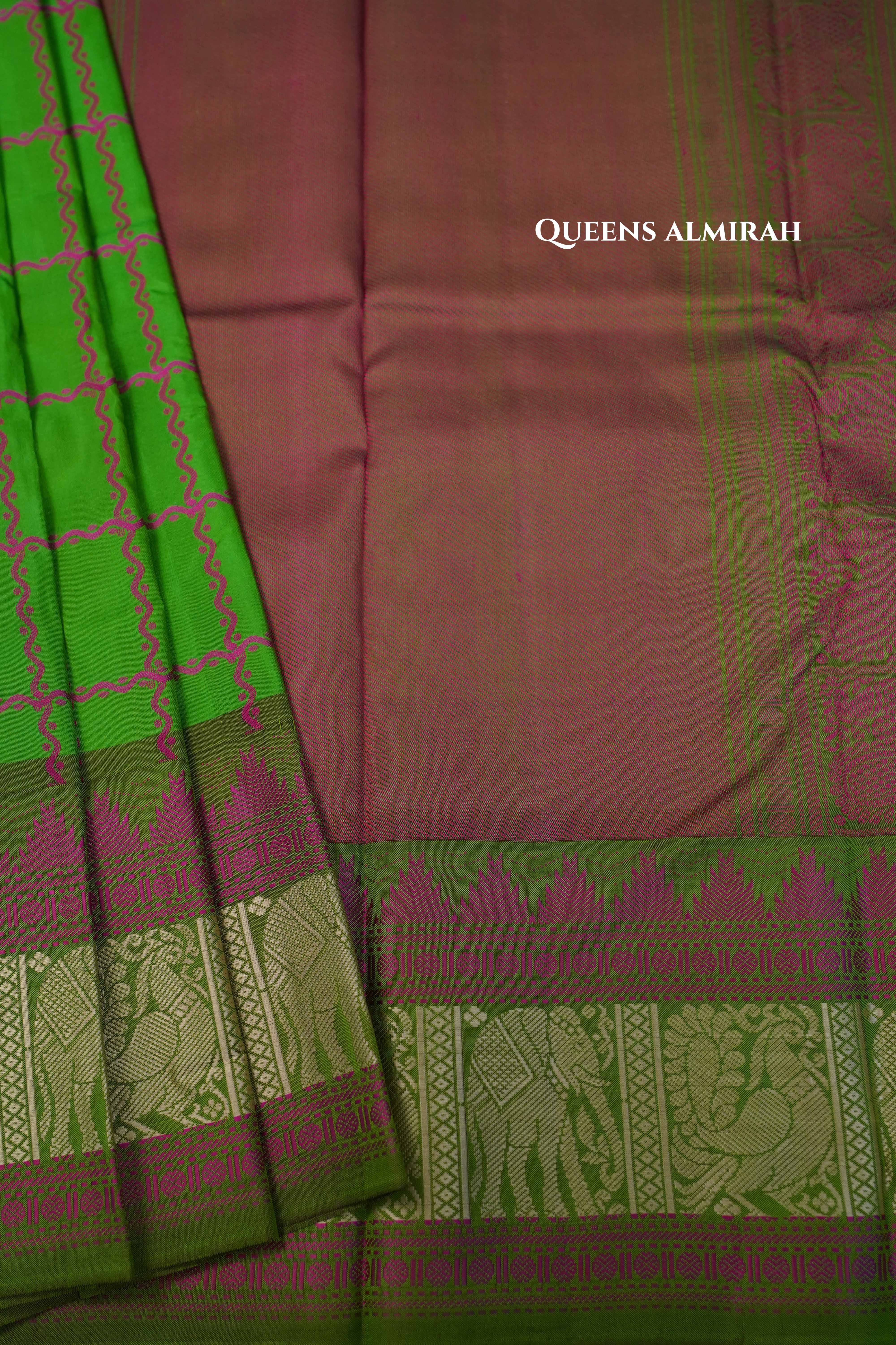 Parrot Green With Pink Pure Kanchivaram Silk Saree QUEENS ALMIRAH