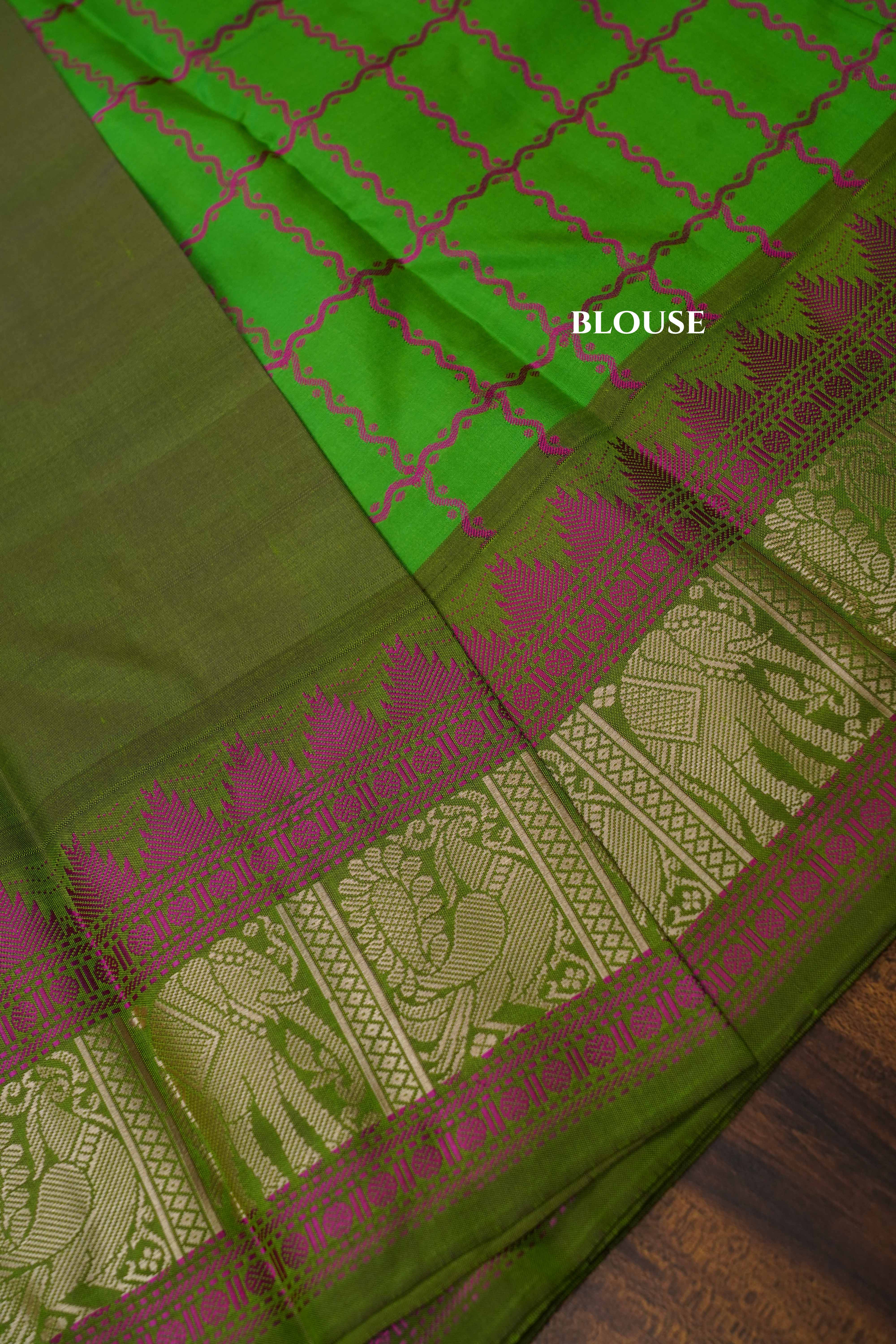 Parrot Green With Pink Pure Kanchivaram Silk Saree QUEENS ALMIRAH