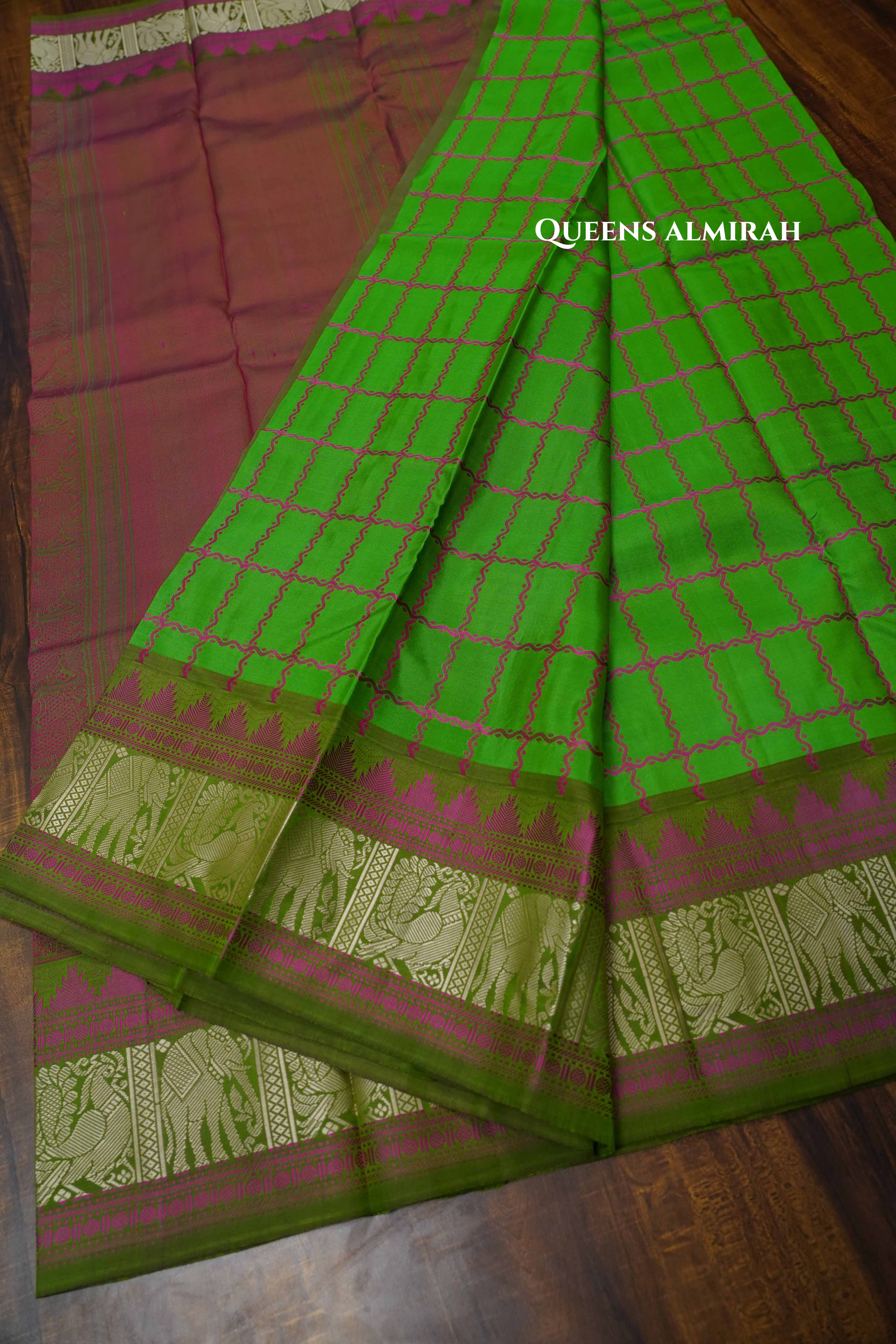 Parrot Green With Pink Pure Kanchivaram Silk Saree QUEENS ALMIRAH