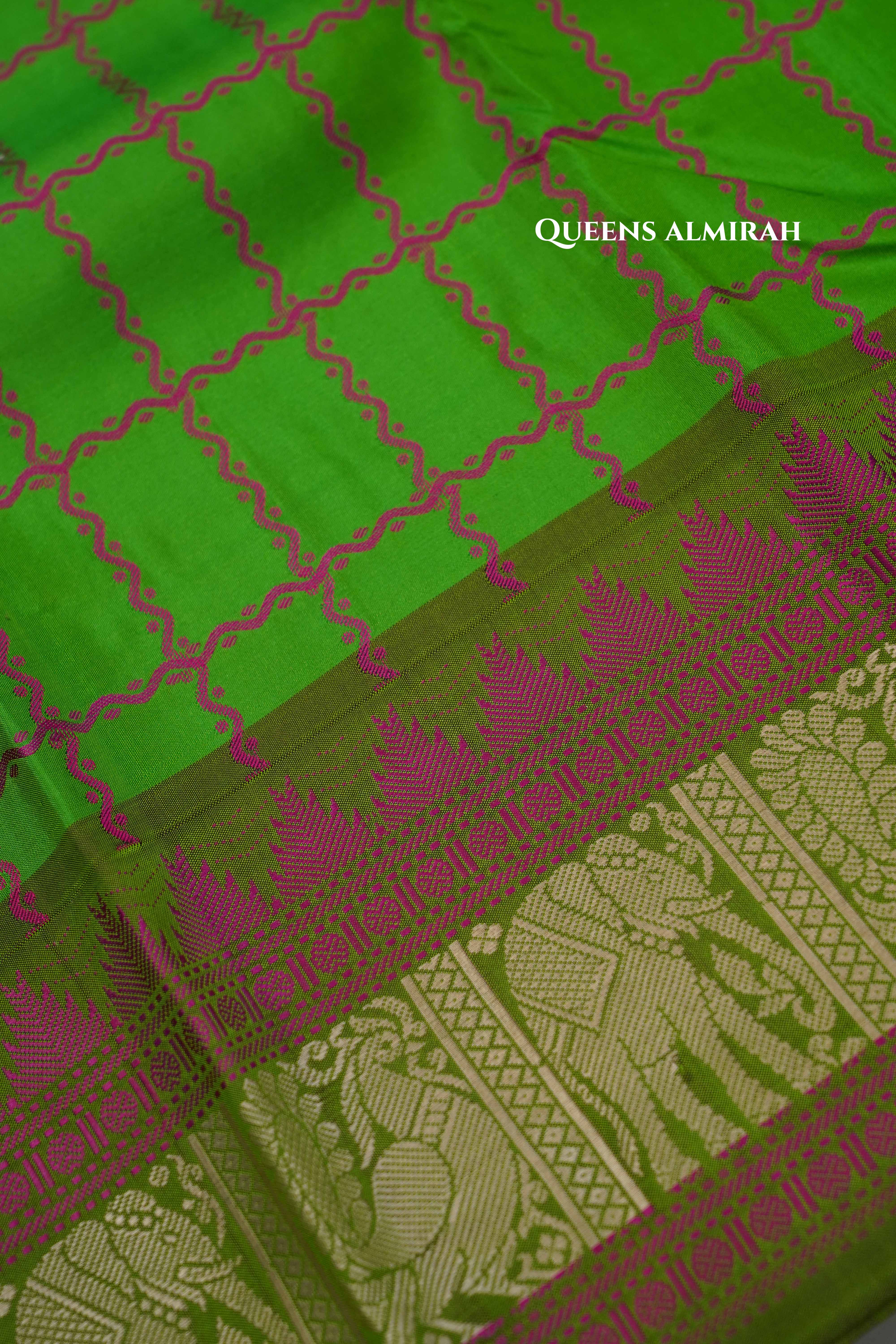 Parrot Green With Pink Pure Kanchivaram Silk Saree QUEENS ALMIRAH