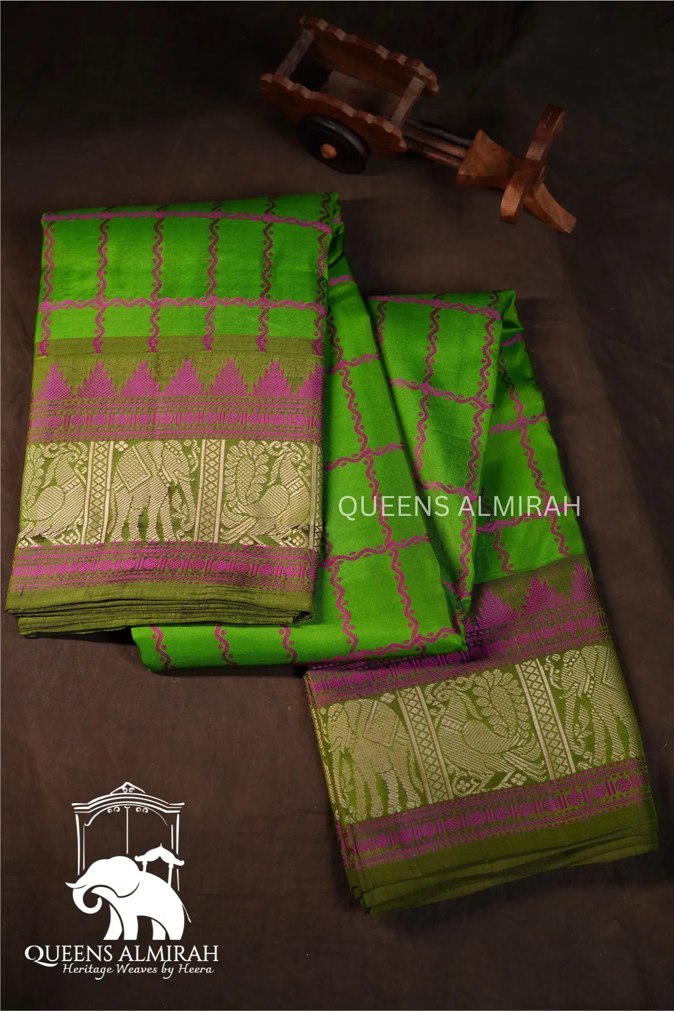 Parrot Green With Pink Pure Kanchivaram Silk Saree QUEENS ALMIRAH