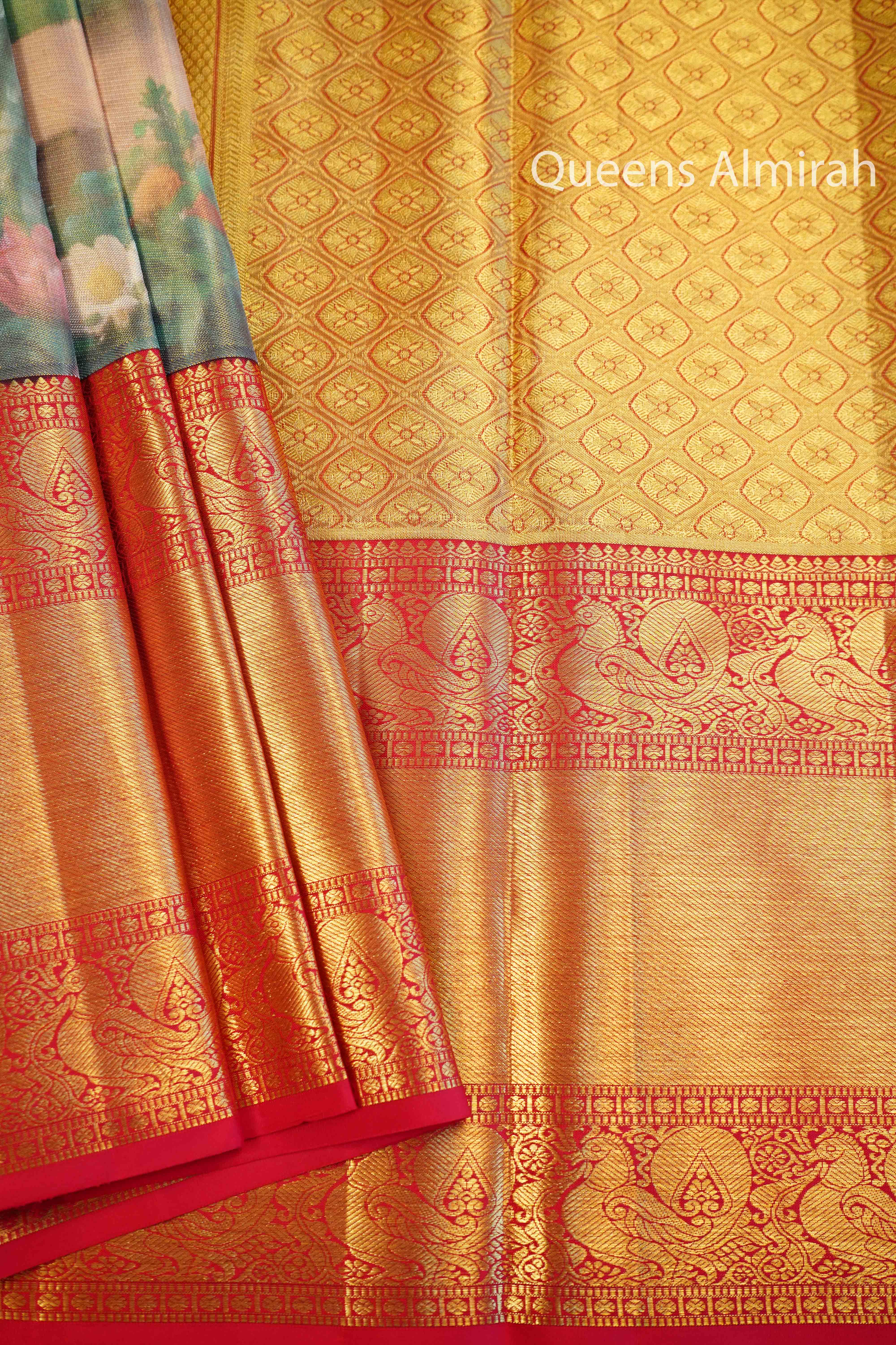 Pastel Green With Red Pure Kanchivaram Silk Saree QUEENS ALMIRAH