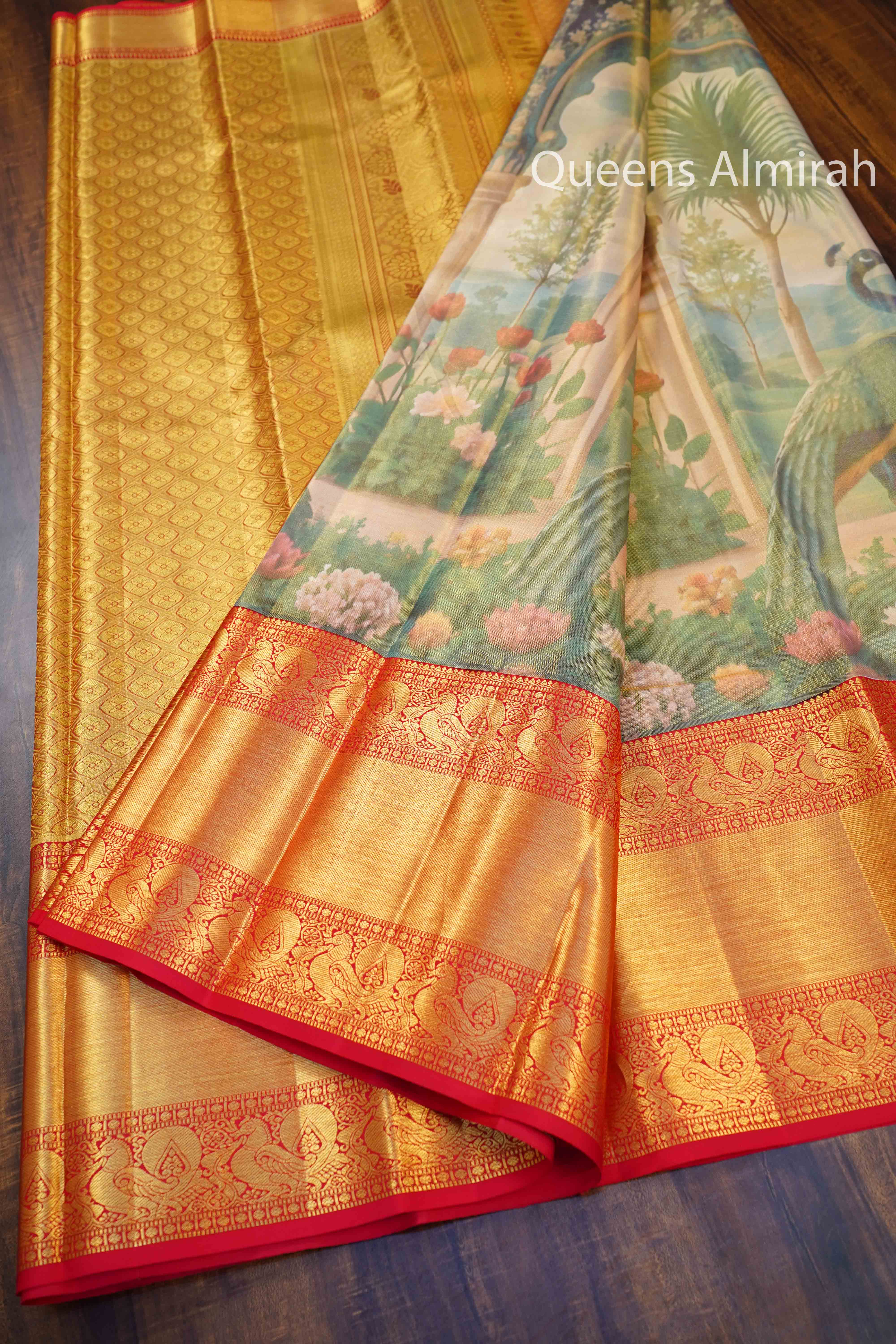 Pastel Green With Red Pure Kanchivaram Silk Saree QUEENS ALMIRAH