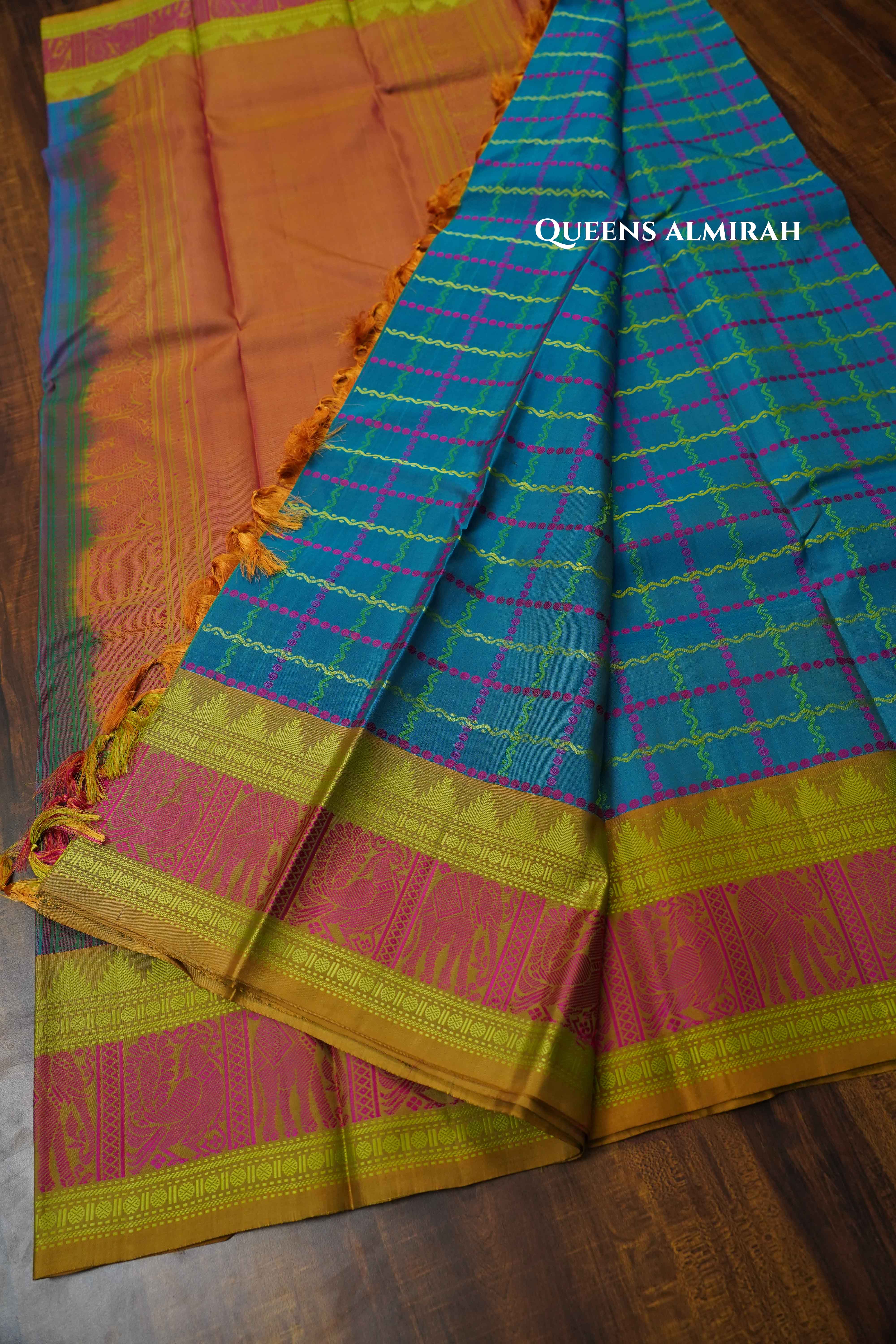 Peacock Blue Pure Kanchivaram Silk Saree QUEENS ALMIRAH