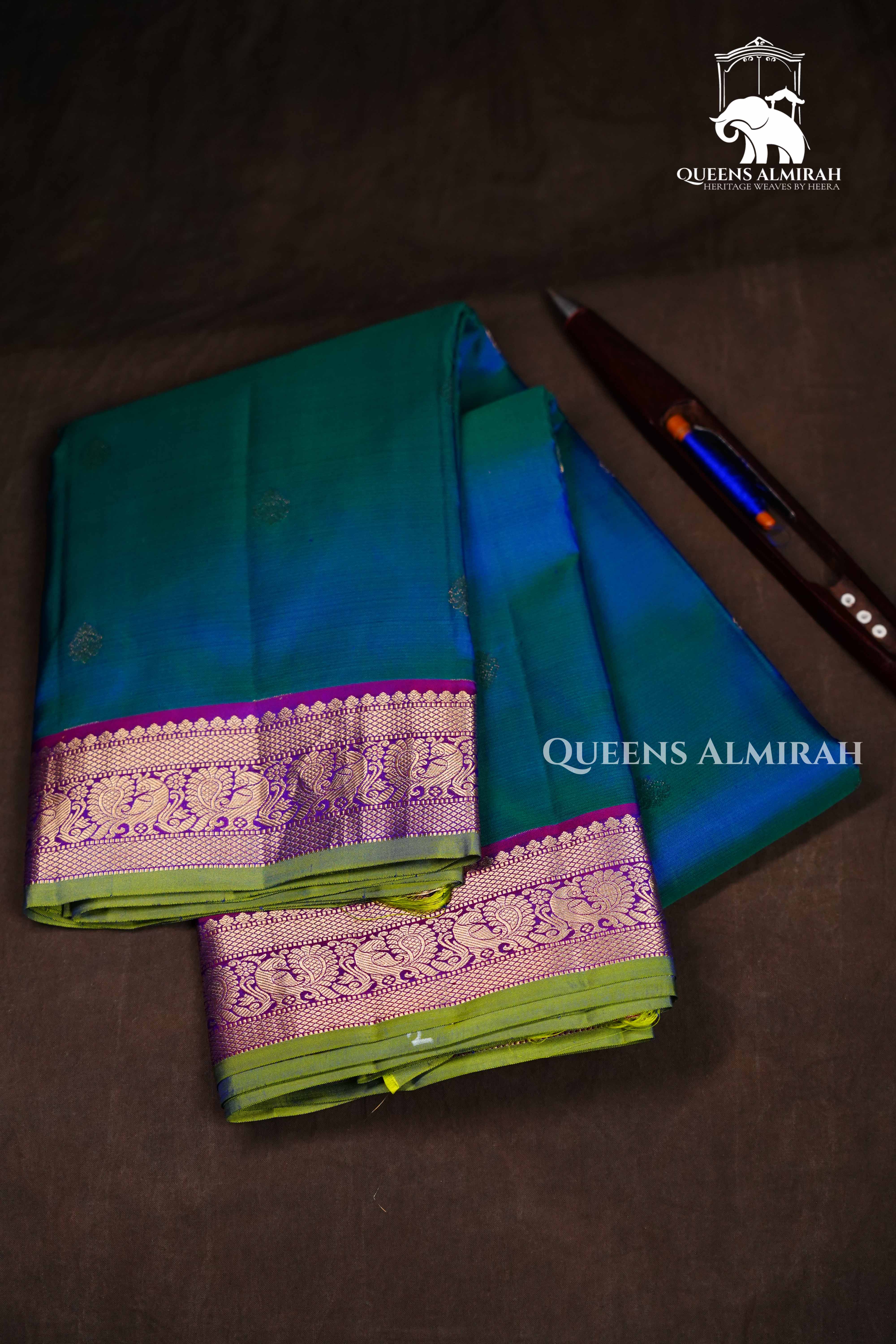 Peacock Blue Pure Kanchivaram Silk Saree QUEENS ALMIRAH