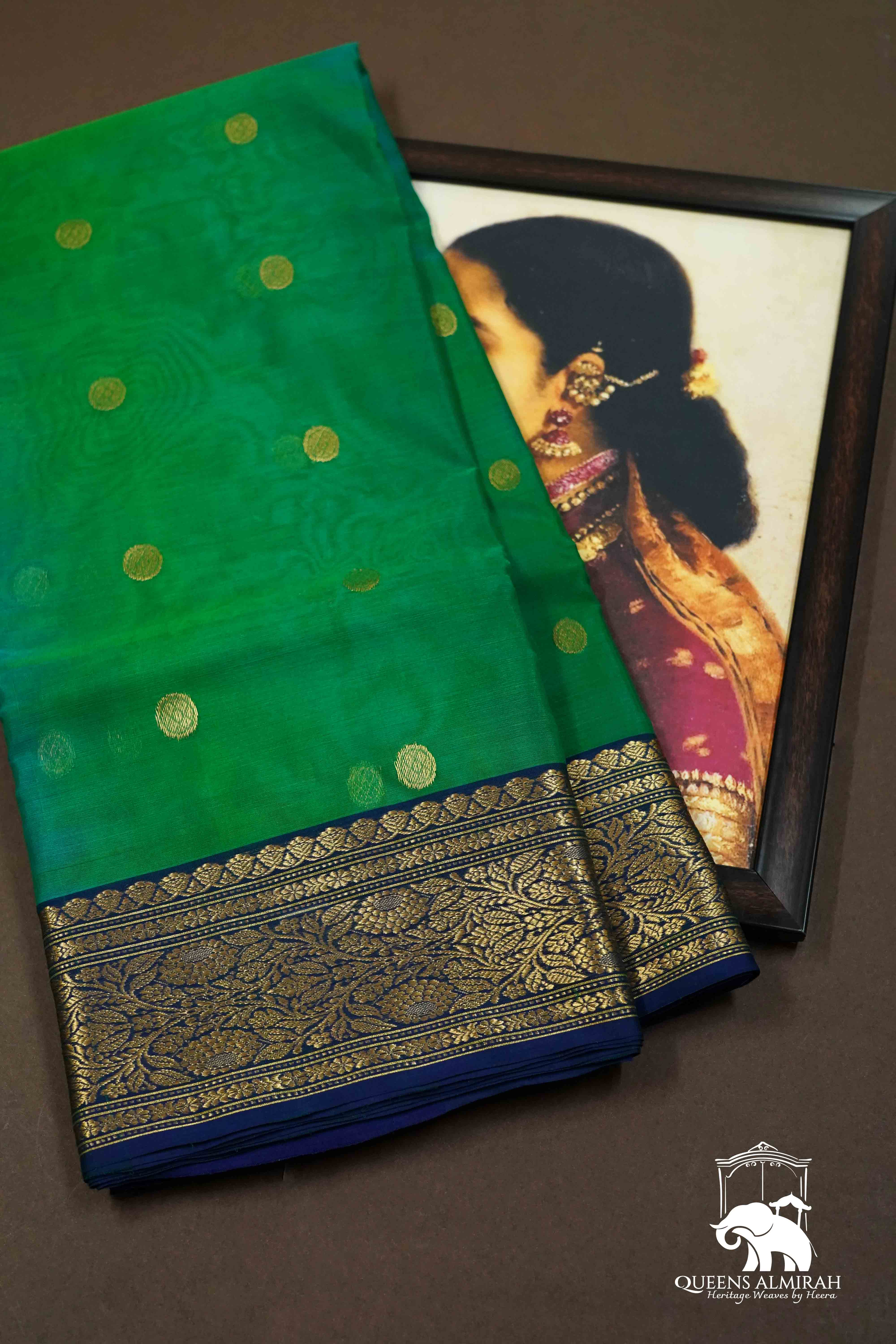 JUNGLE GREEN WITH DUSKY BLUE CHANDERI KATAN SILK SAREE - Queens Jewel Emporium