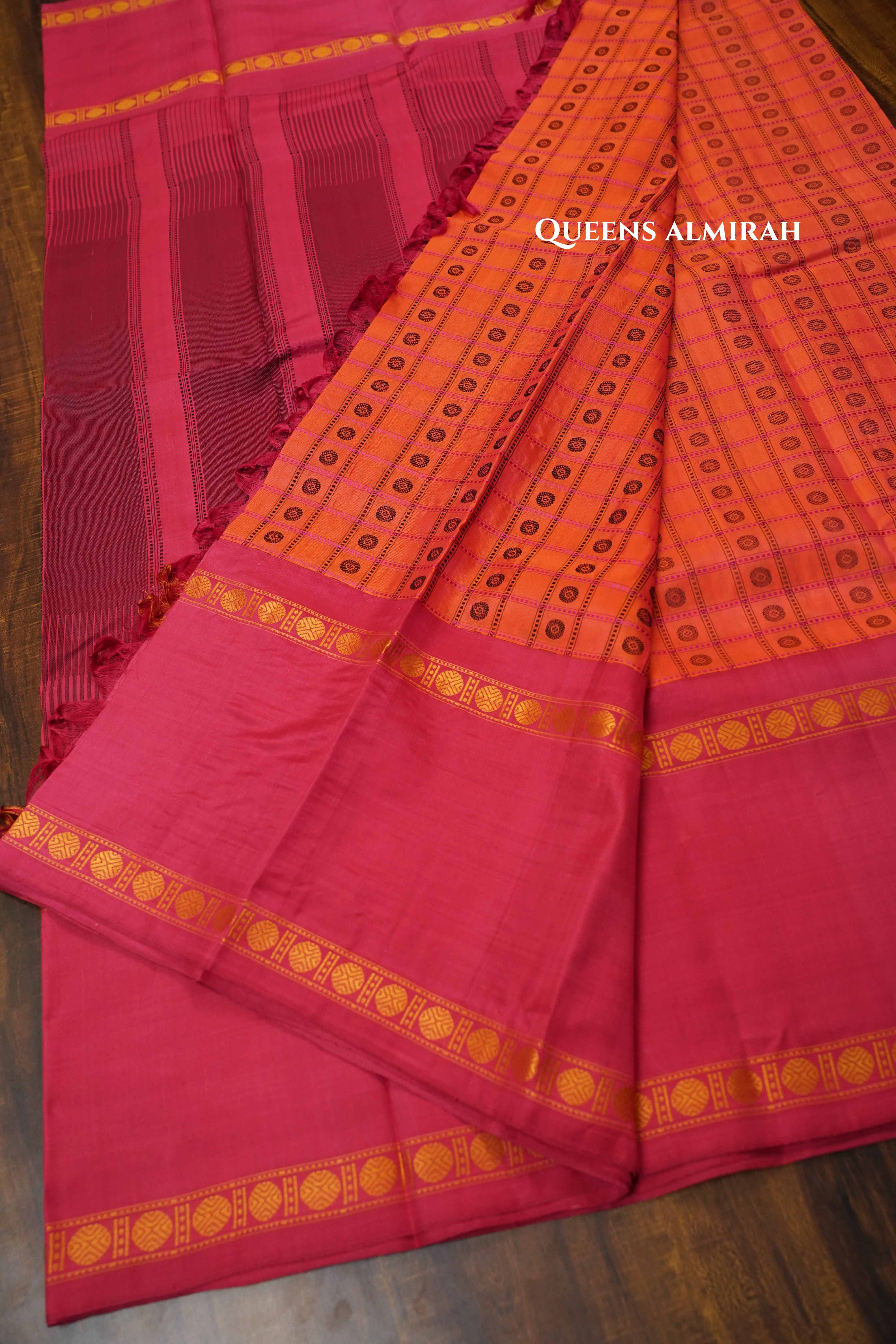 Pinkish Orange Pure Kanchivaram Silk Saree QUEENS ALMIRAH
