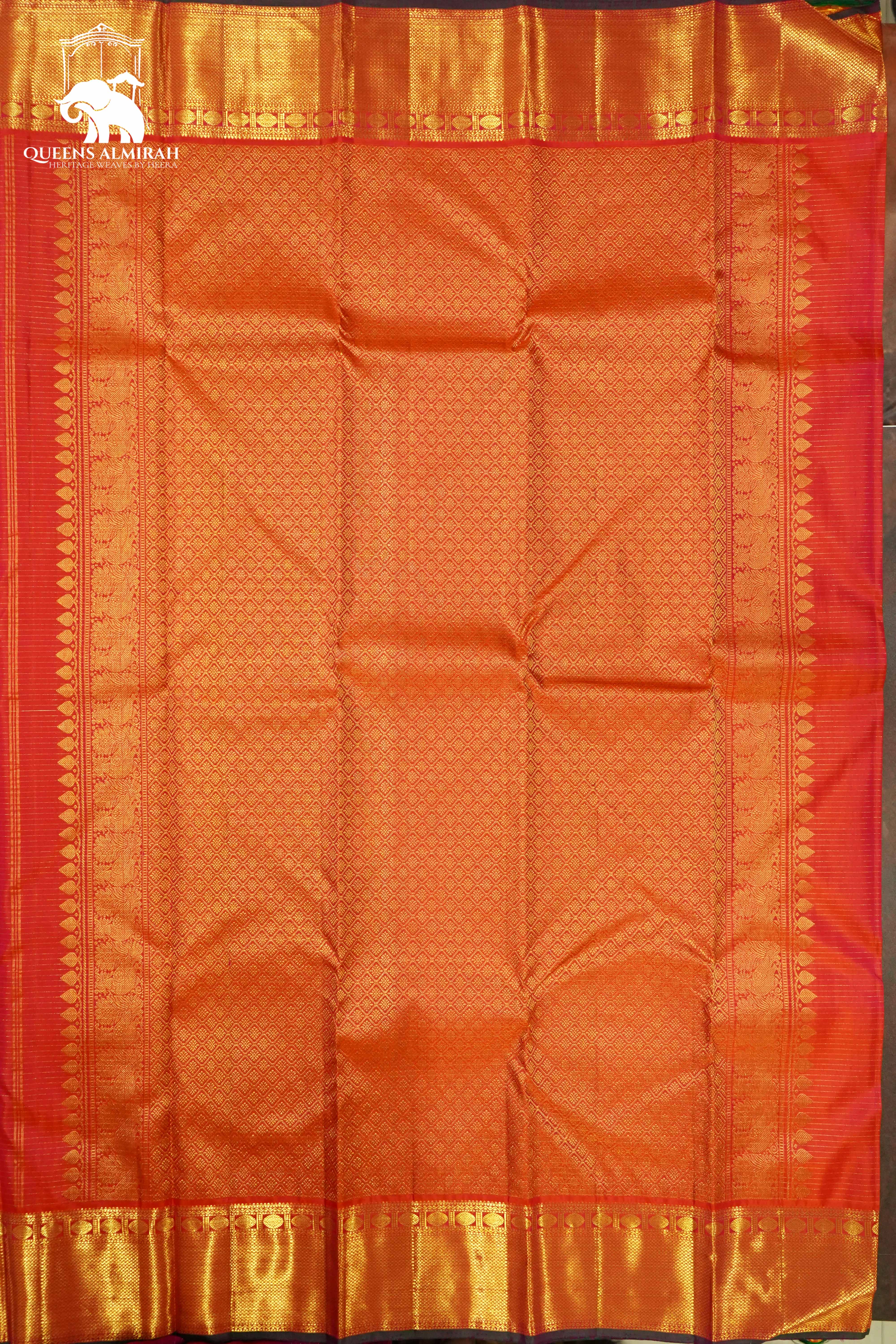 PINKISH ORANGE WITH WOVEN BORDER KANCHIVARAM SILK SAREE - Queens Jewel Emporium